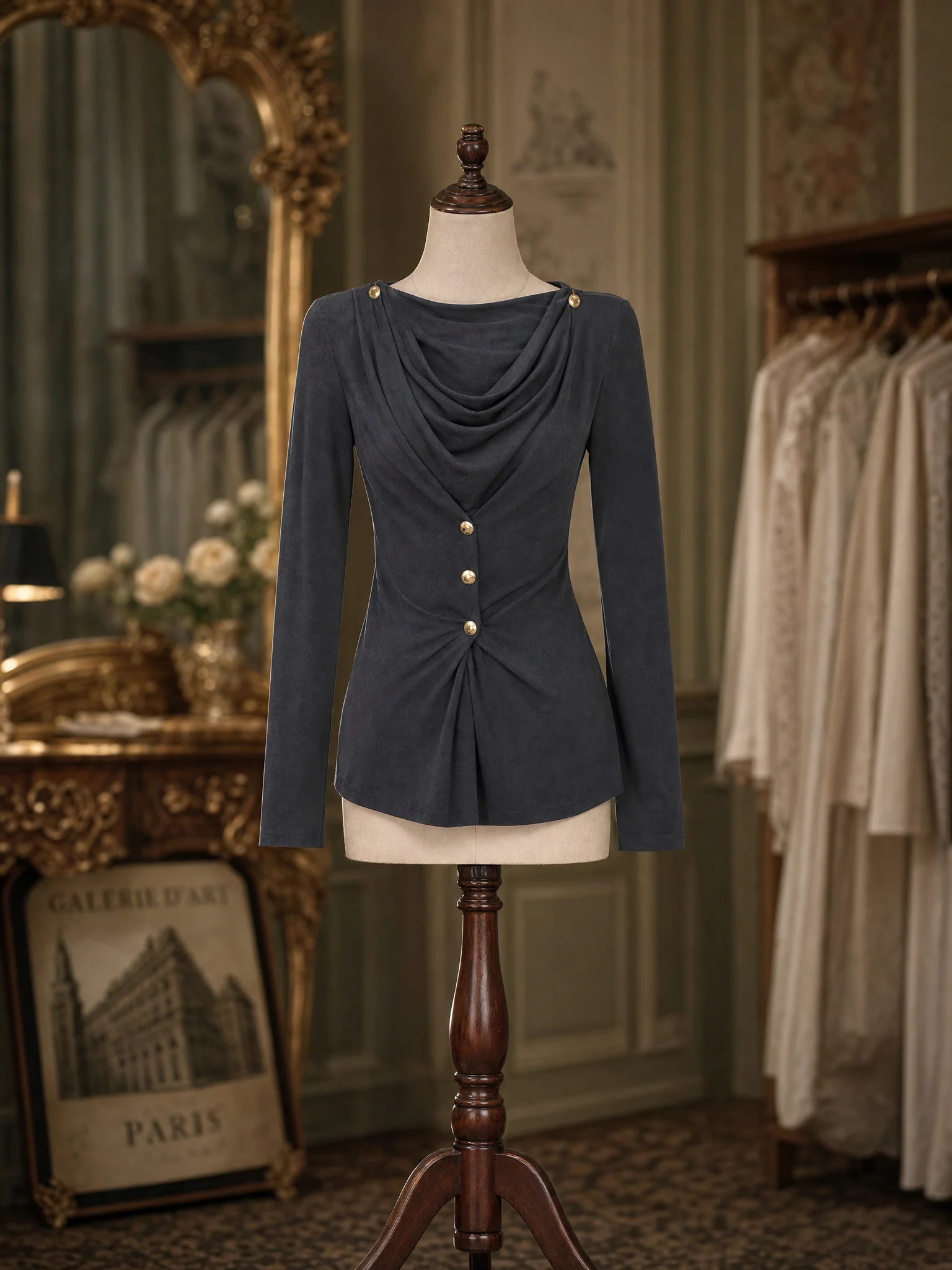 Draped Cowl Neck Blouse Gold Buttons Fitted Long Sleeve Top - jugjet