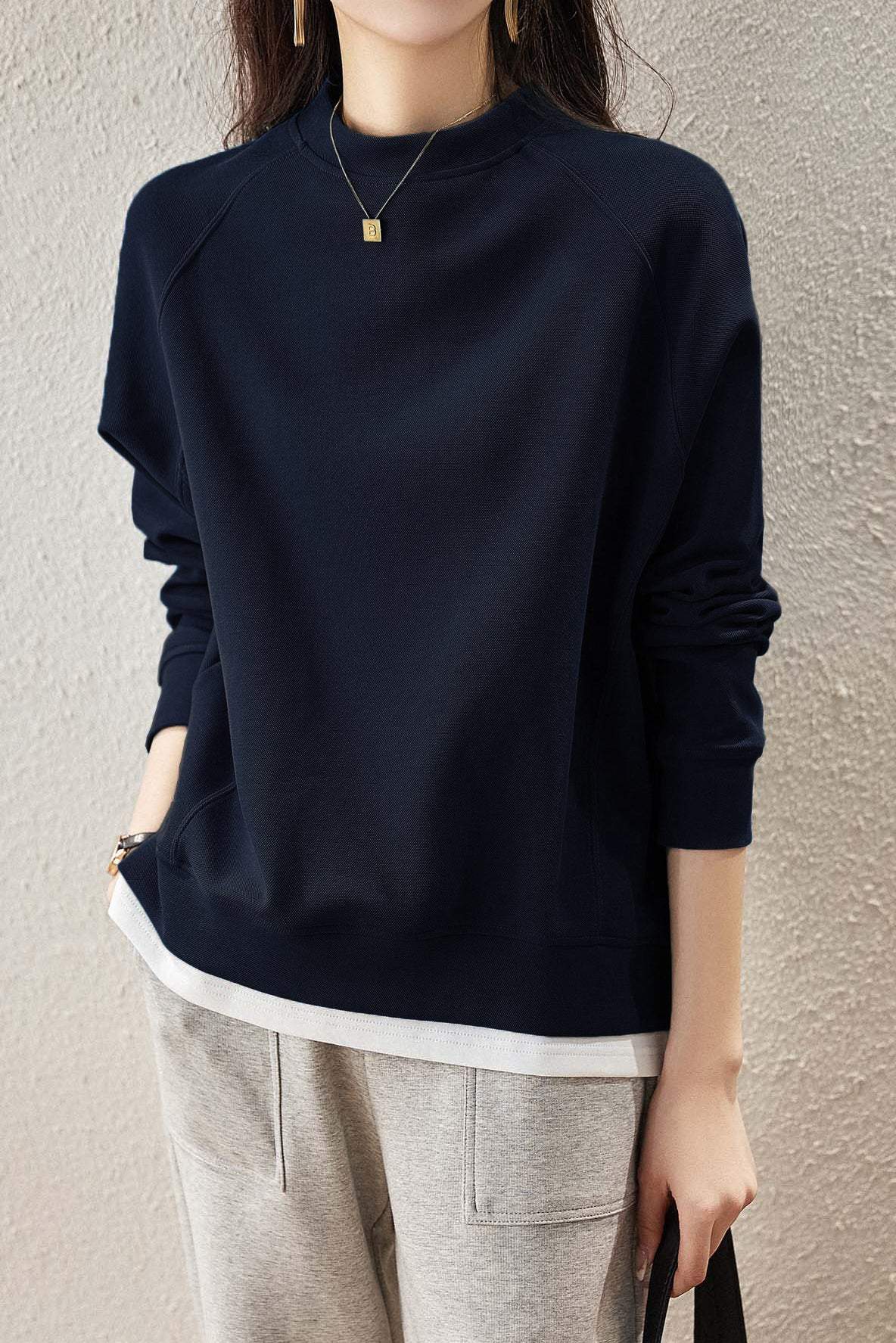 Mixed Material Round Neck Simple Sweatshirt - gazingly