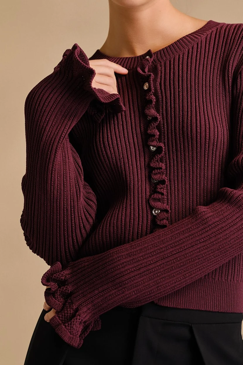 Ruffle Trim Rib Knit Cardigan - vipsense