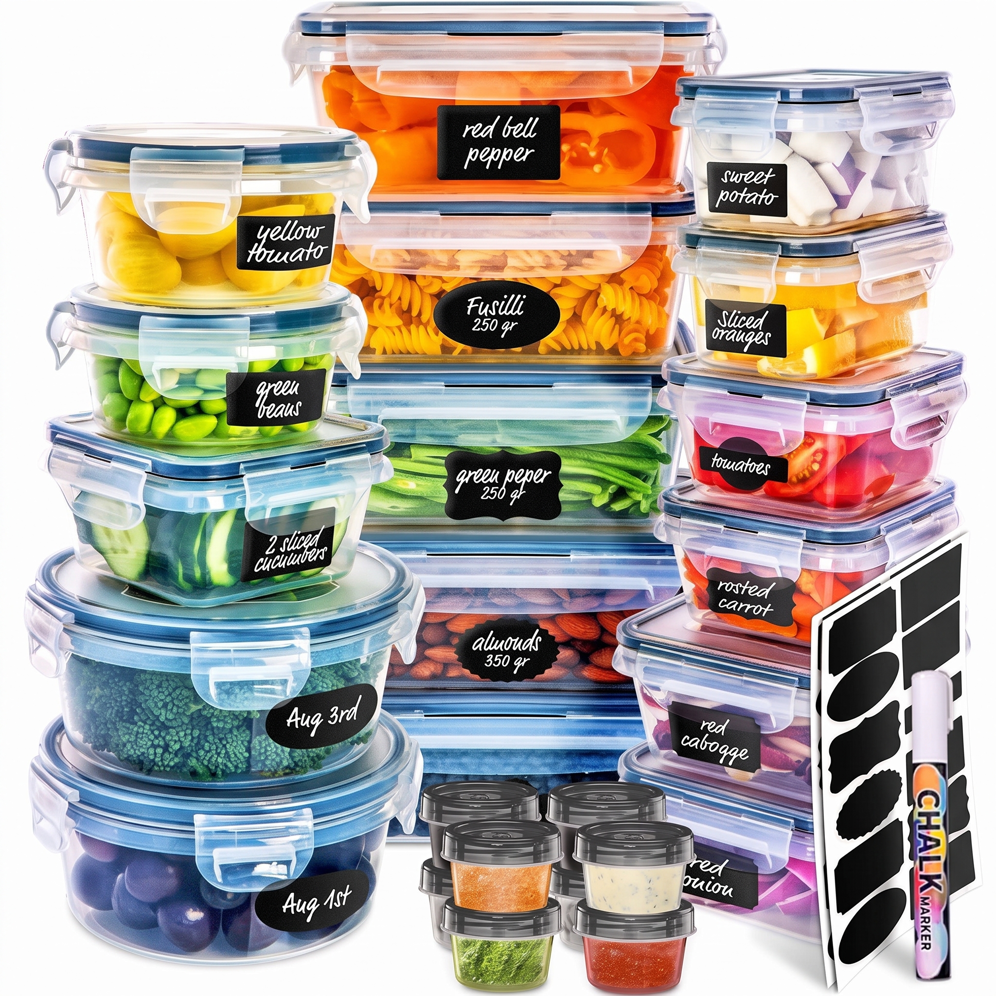 50-piece Food storage Containers Set with Lids, Plastic Leak-Proof BPA-Free Containers for Kitchen Organization, Meal Prep, Lunch Containers (Includes Labels & Pen)
