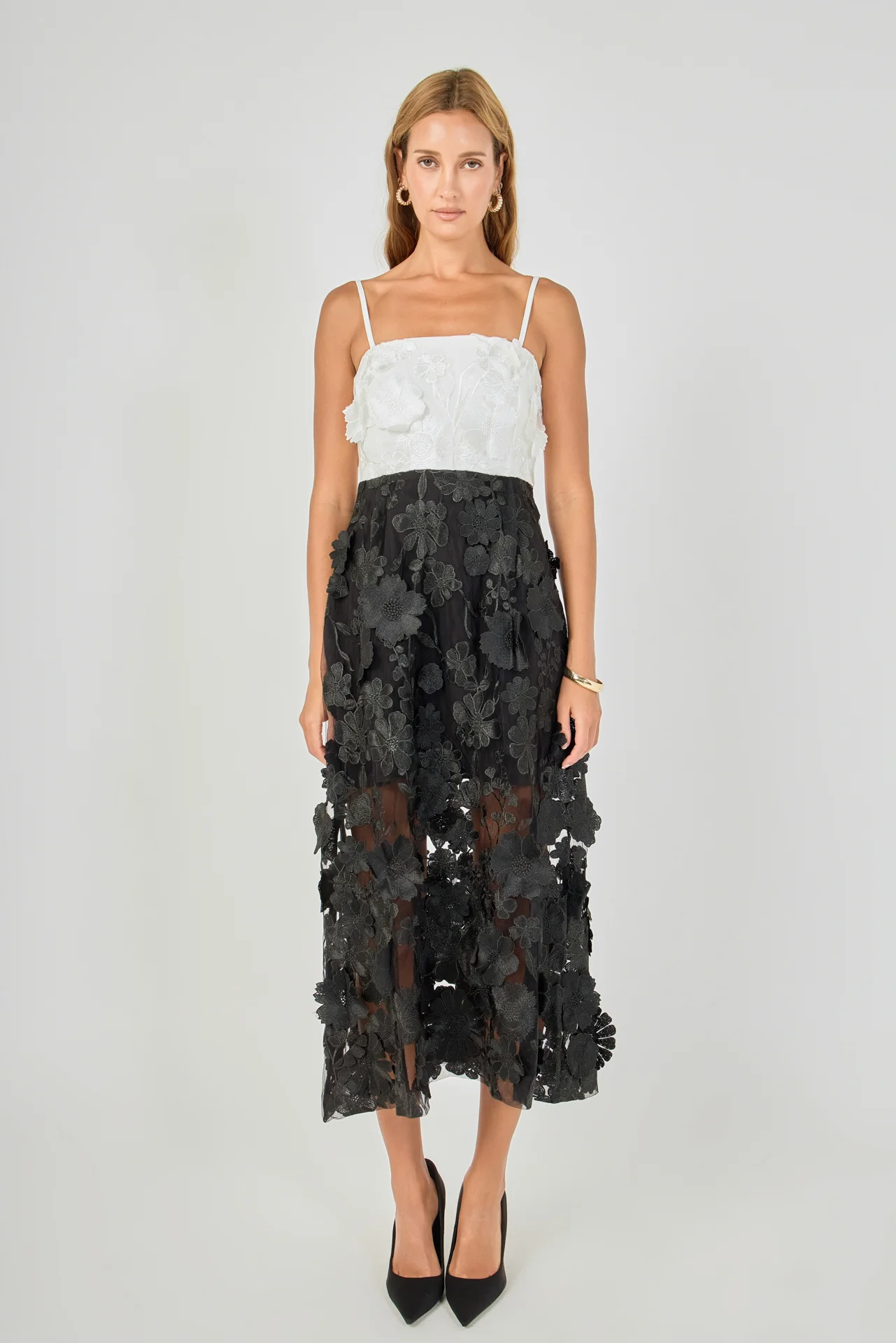 Floral Colorblock Applique Midi Dress - vipsense