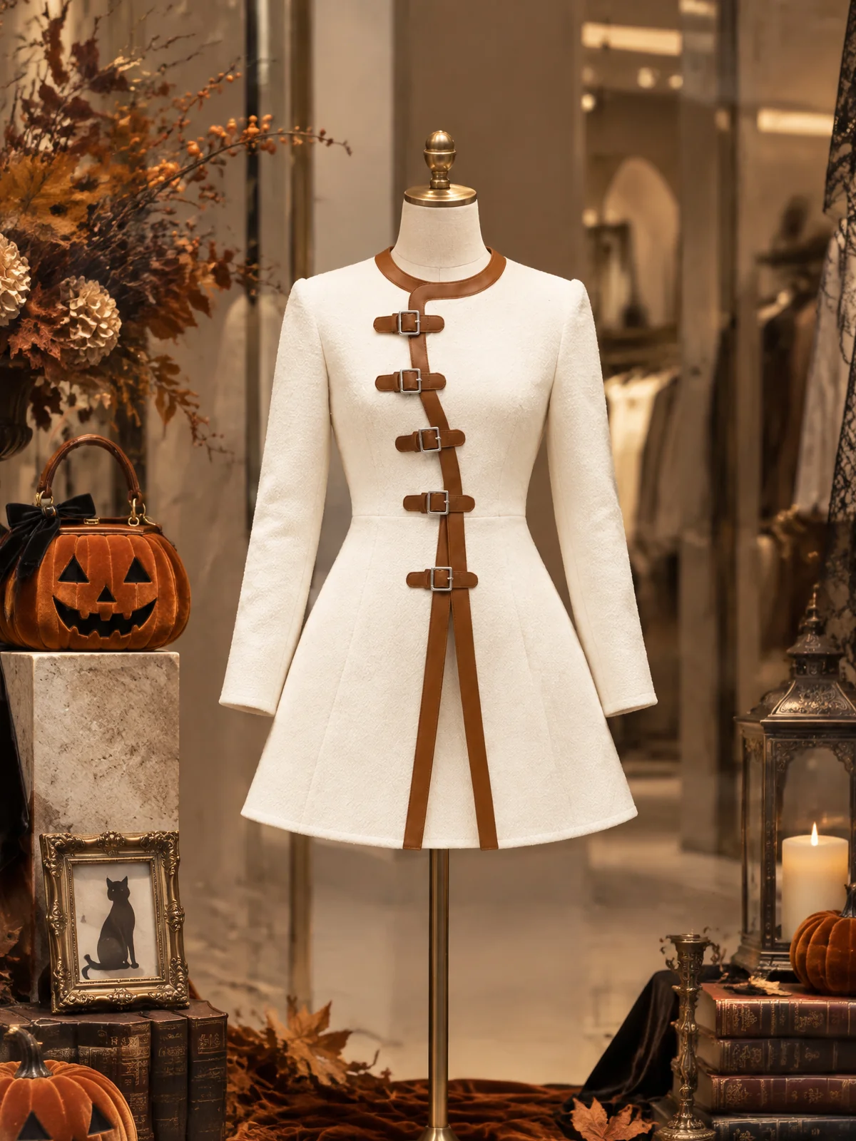 Buckle-Strap Leather-Trim Wool Mini Dress - jugjet