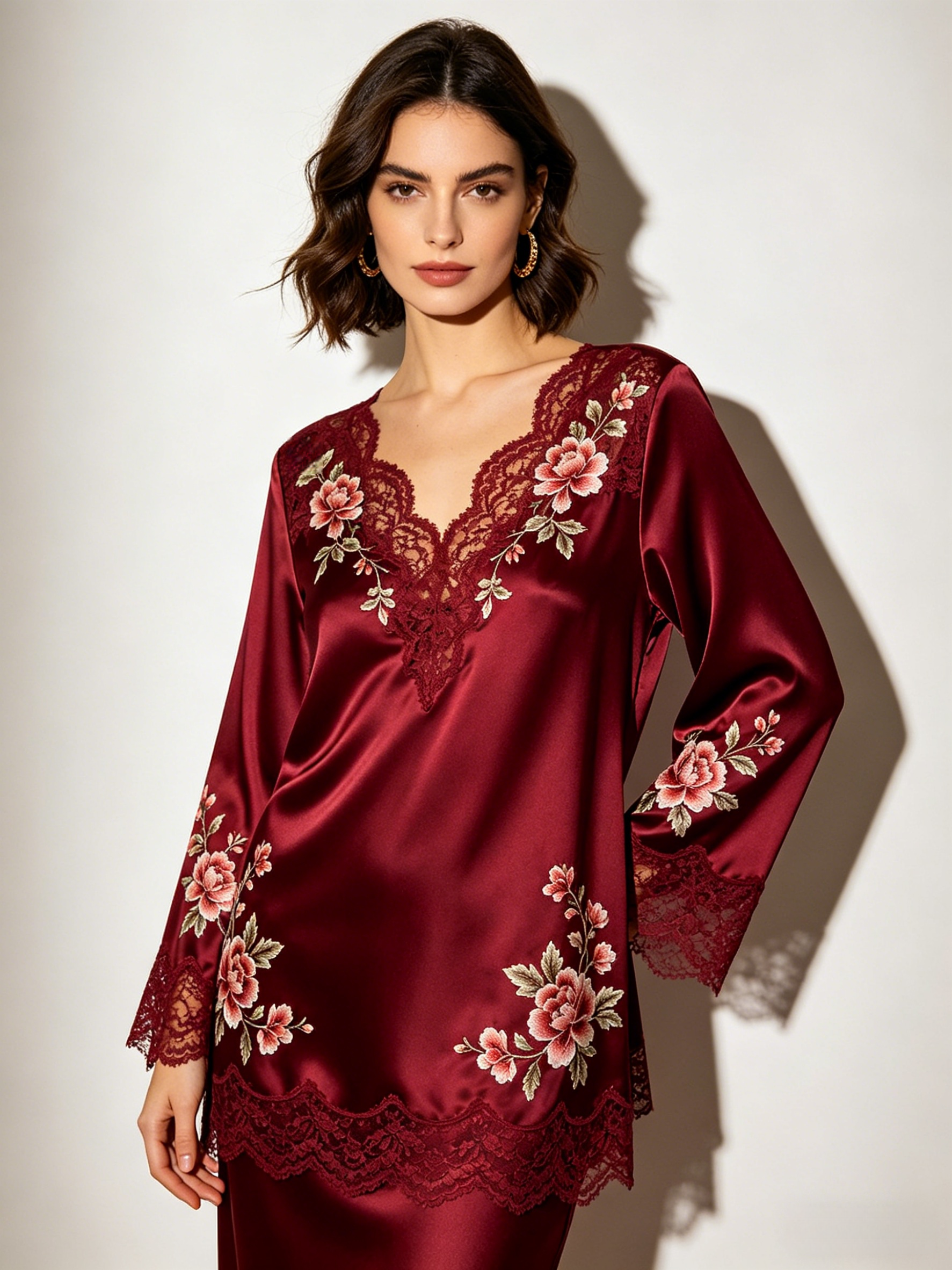 Evenings Burgundy Floral Applique Satin Top & Lace Skirt Set