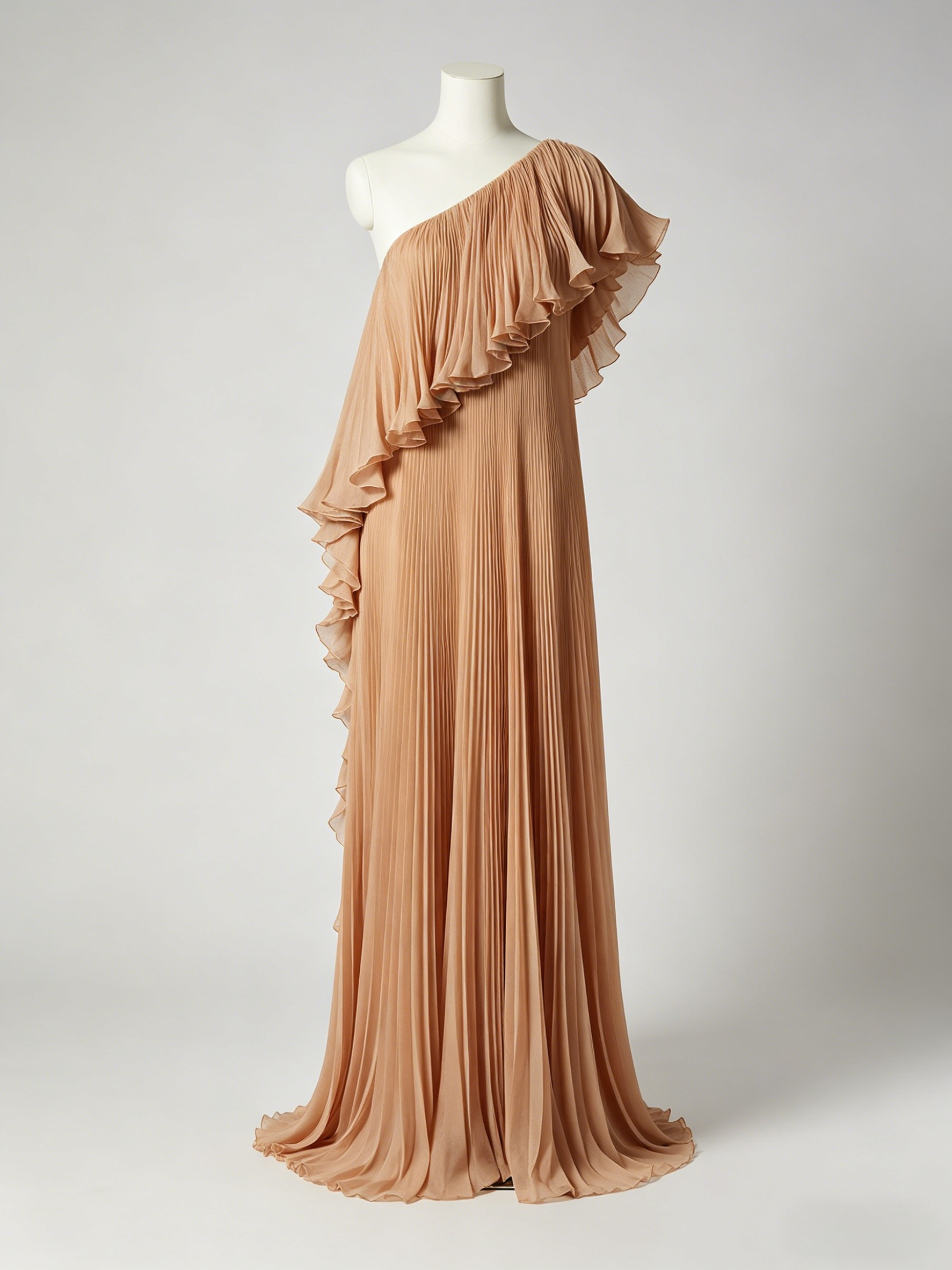 One Shoulder Pleated Ruffle Maxi Dress