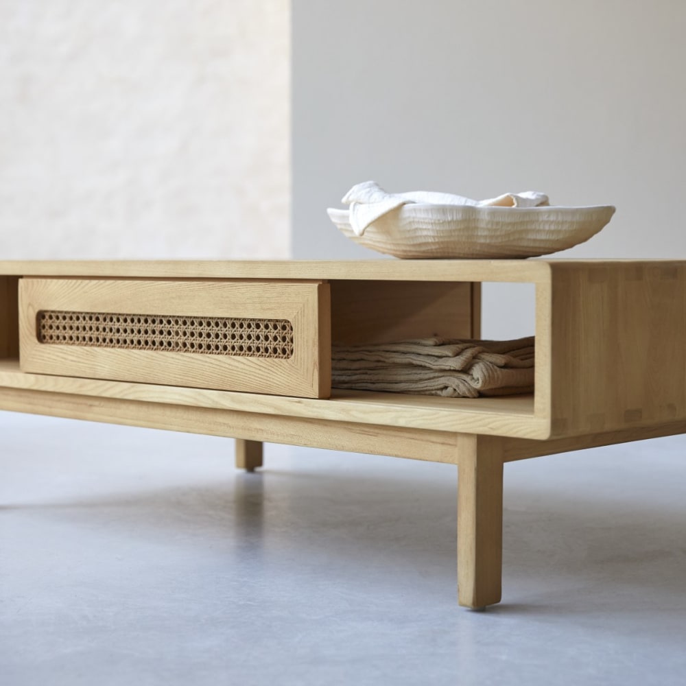 Luis - Table basse en bois d'orme massif et cannage Luis