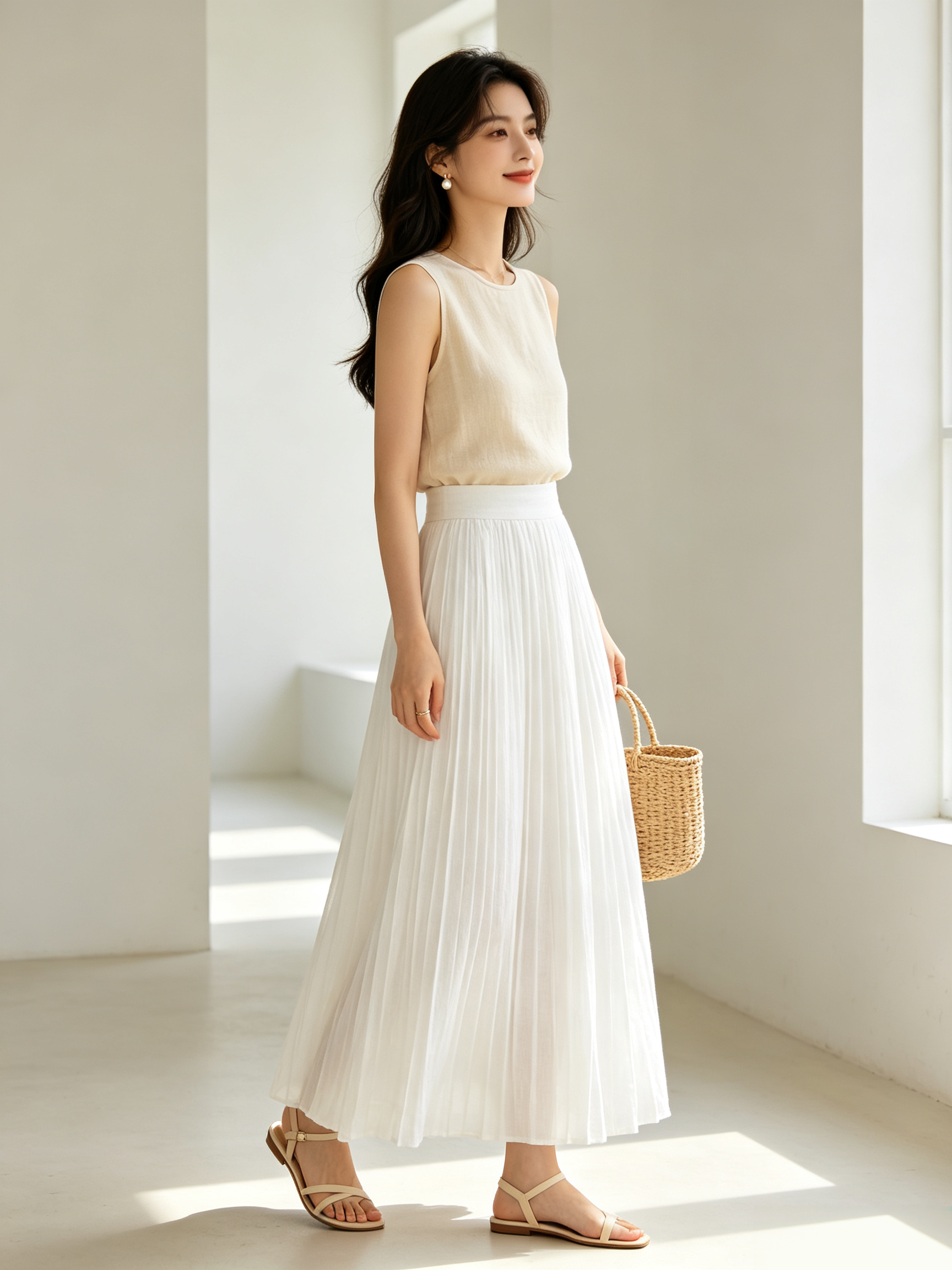 Linen Pleated Maxi Skirt