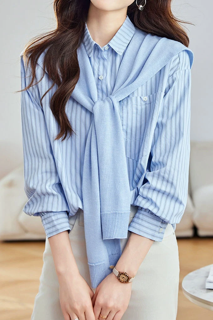 Casual Striped Patch Pocket Pure Cotton Shirt And Knit Shawl Two‑Piece Set - gazingly
