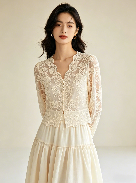 Beige Lace Embroidered Top & Skirt Set