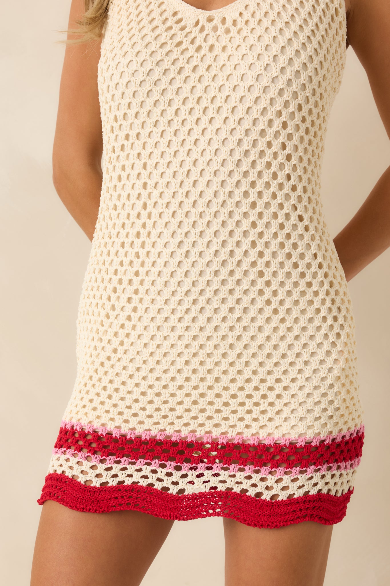 Ivory & Red Stripe Crochet Halter Mini Dress - gazingly