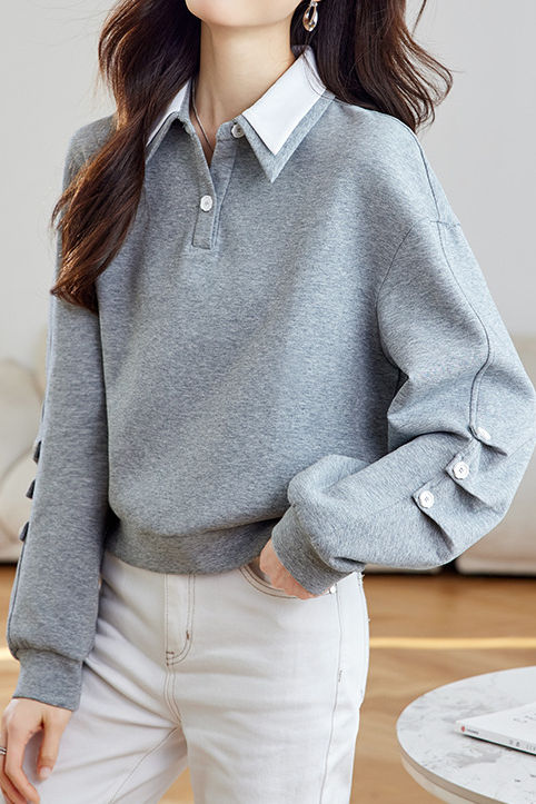 Casual Double-Layer Collar Pleated Loose Long-Sleeve Hoodie - gazingly