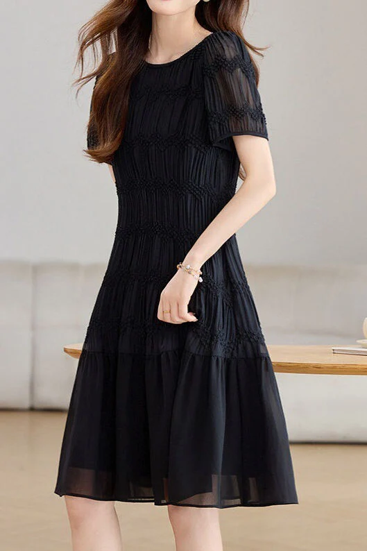 Elegant Textured Short Sleeve High Waist Dress - gazingly