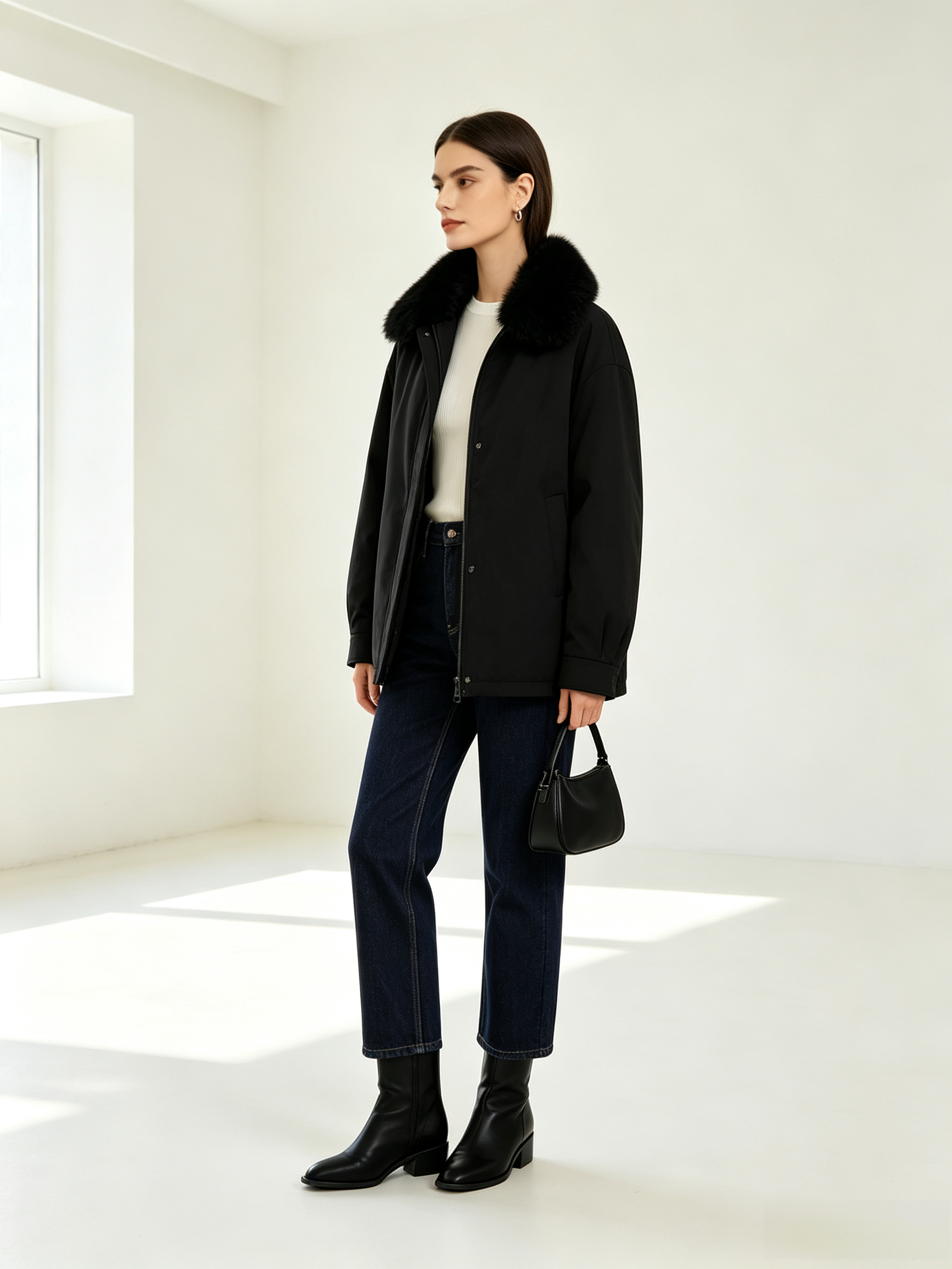 Solid Faux Fur Collar Jacket