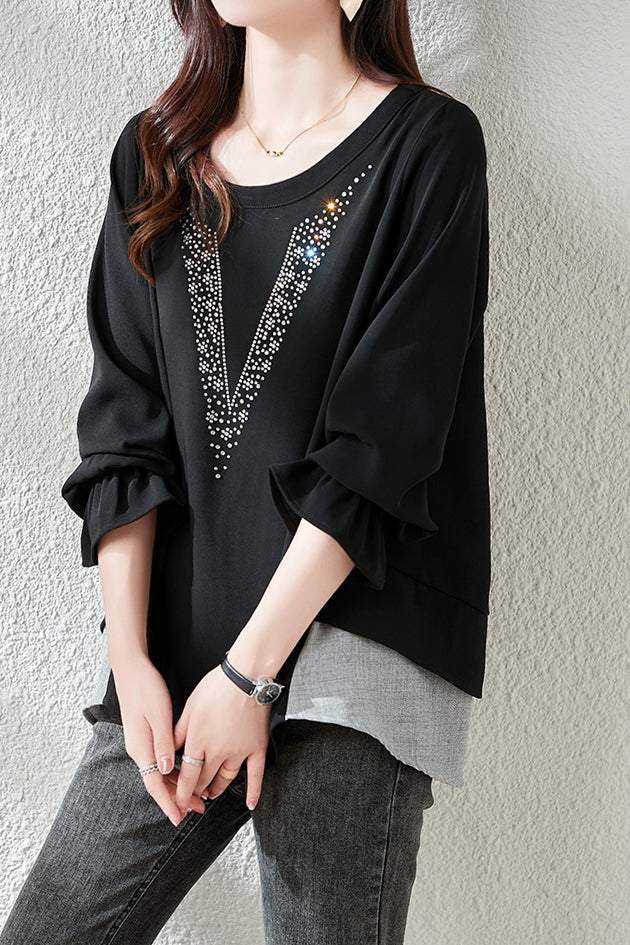 Round Neck V-Shaped Rhinestone Decor Sweatshirt - gazingly