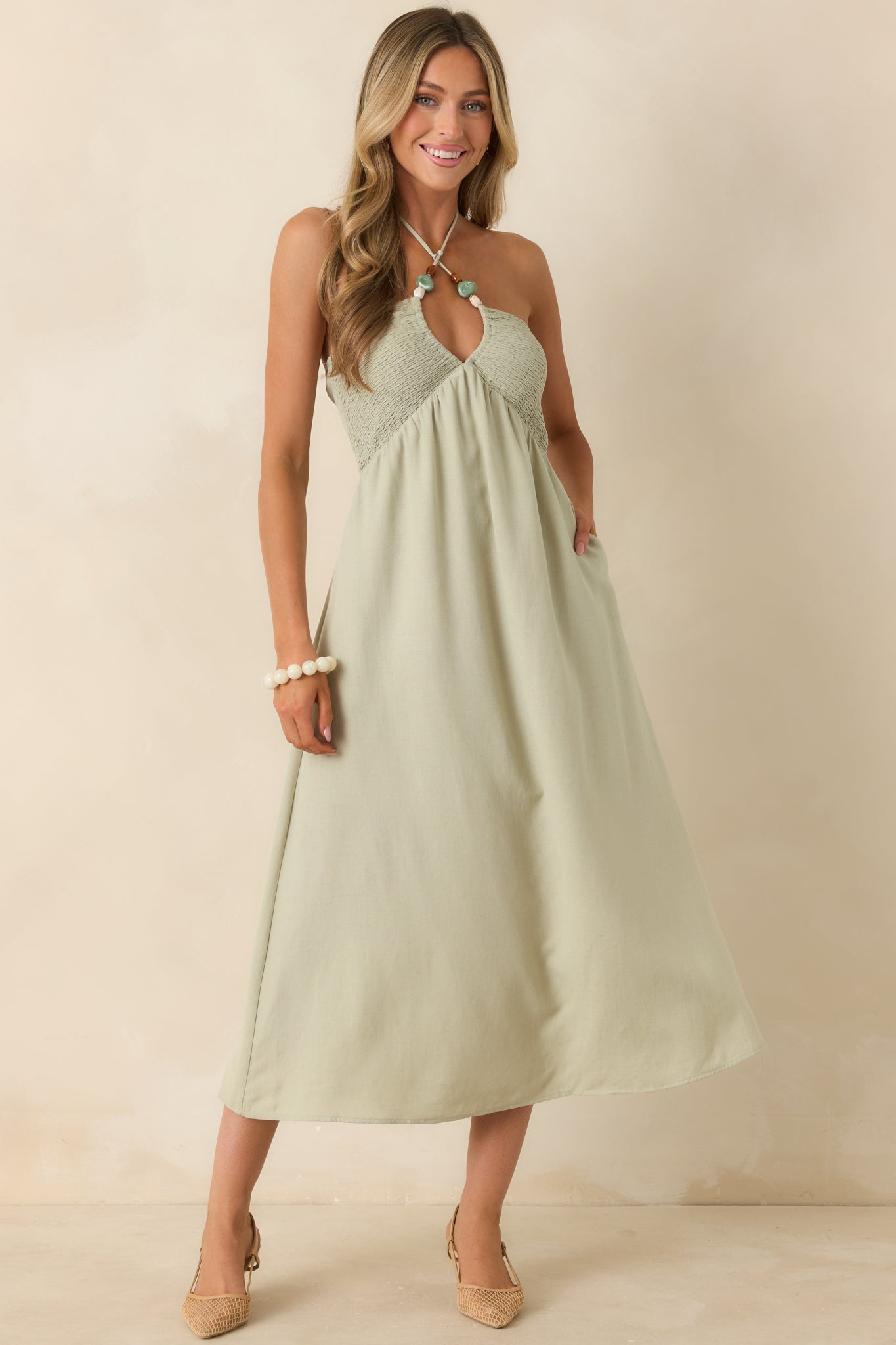 Sage Green Beaded Halter Midi Dress - gazingly