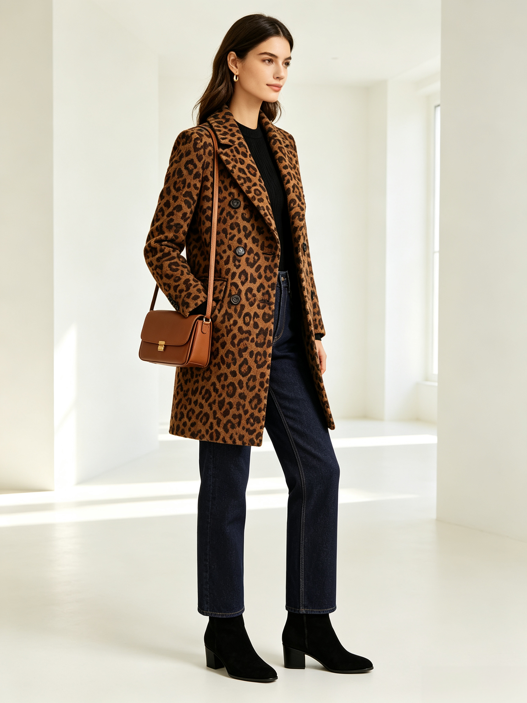 Leopard Print Wool-Blend Double-Breasted Coat