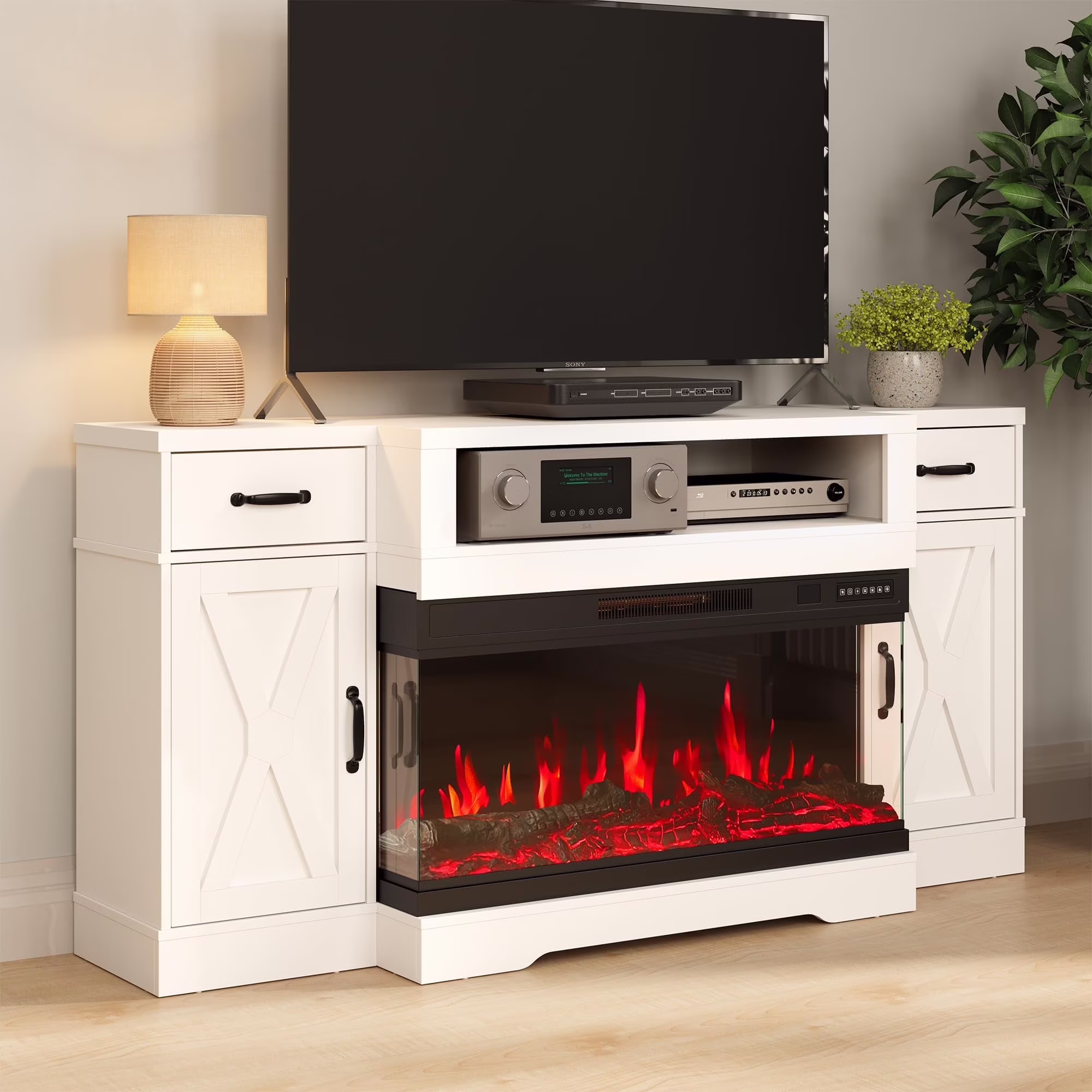 Mayincolor Fireplace TV Stand for 65+ inch, Farmhouse Entertainment Center with 23
