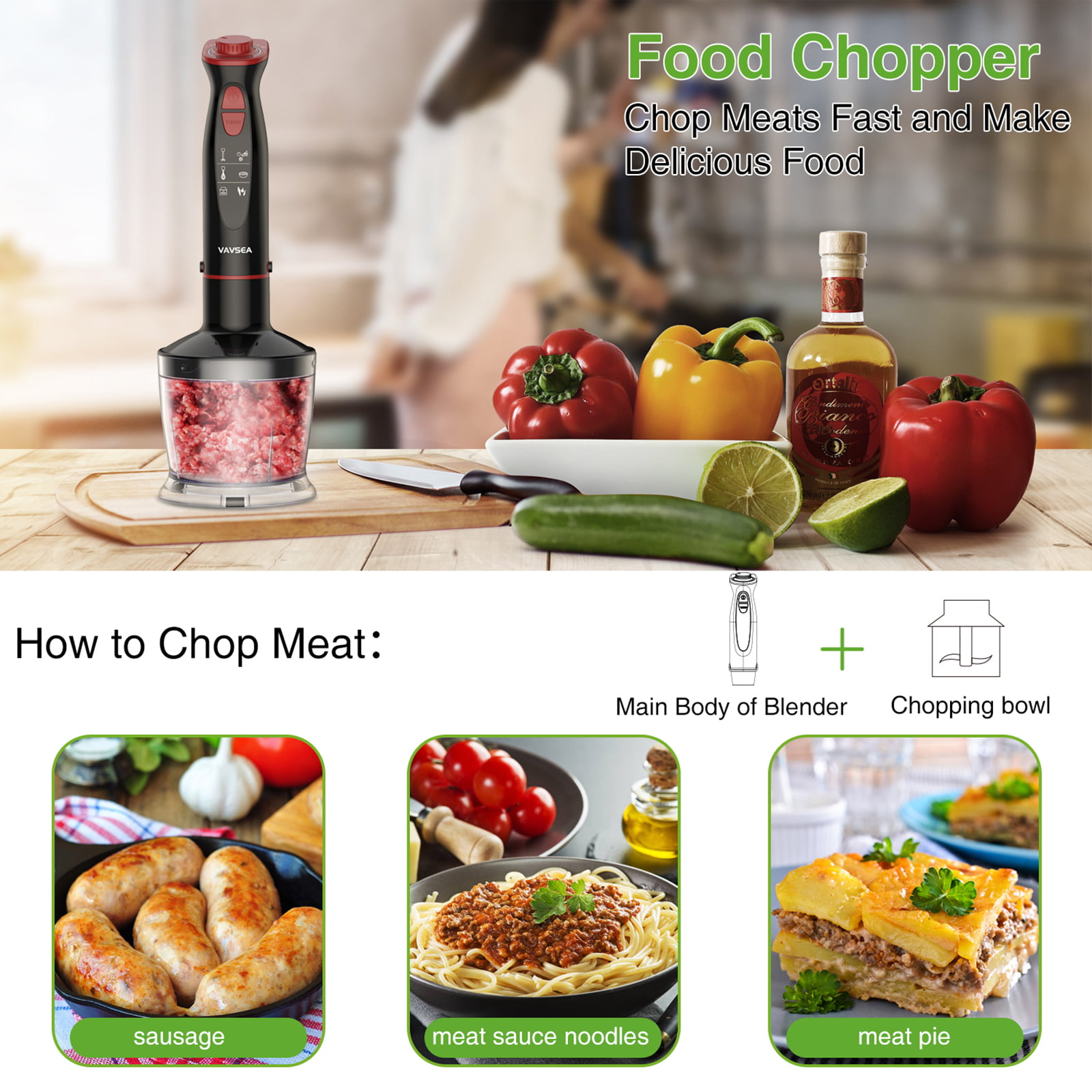 12-Speed Immersion Hand Blender with Chopper, Whisk, Beaker & Milk Frother, Stainless Steel Blades