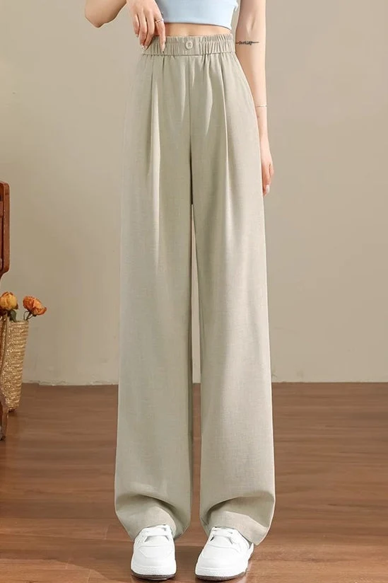 Commuter Half Elastic Pleated High Waist Wide Leg Pants - gazingly