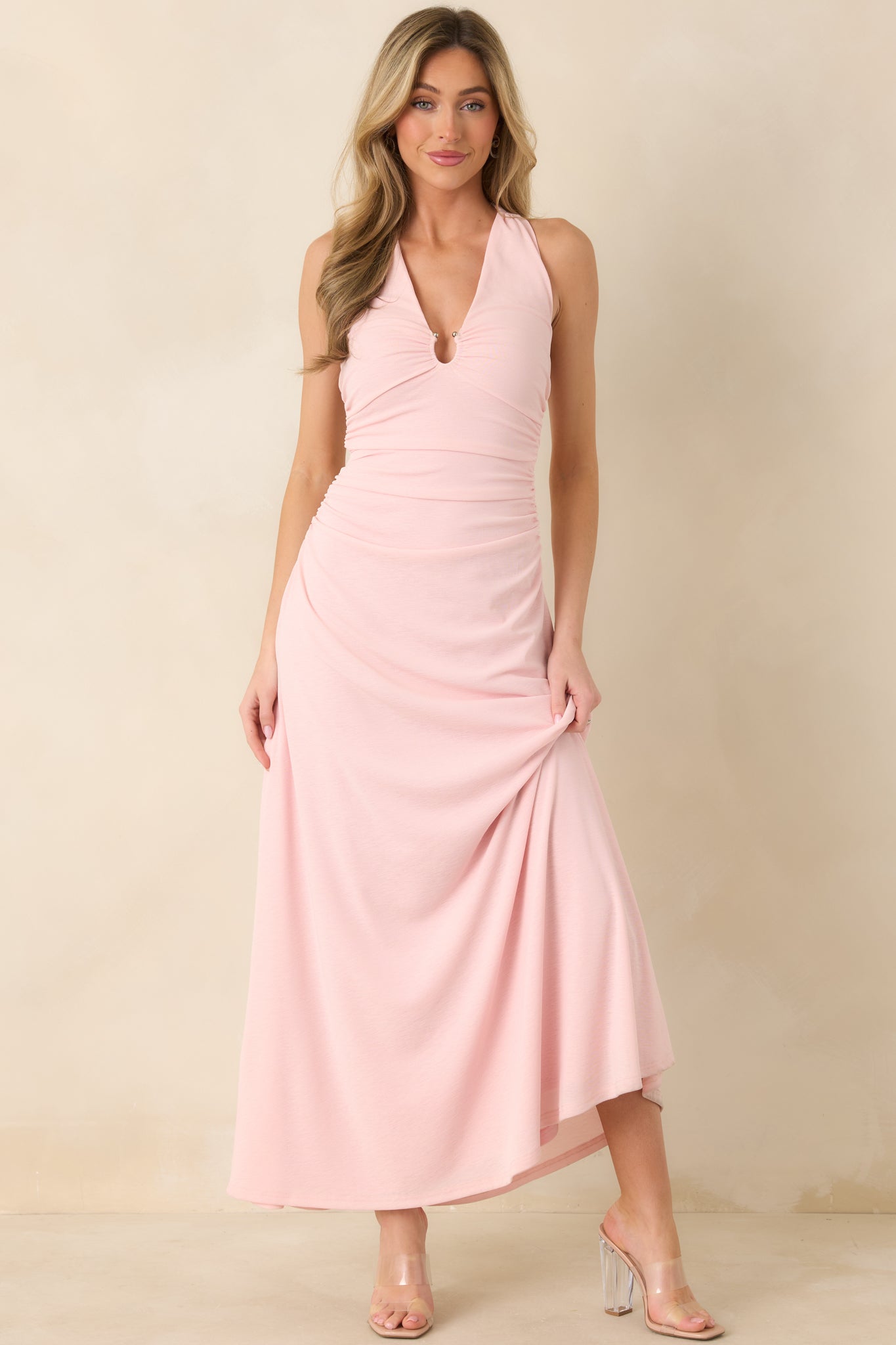 Soft Pink Halter Midi Dress - gazingly