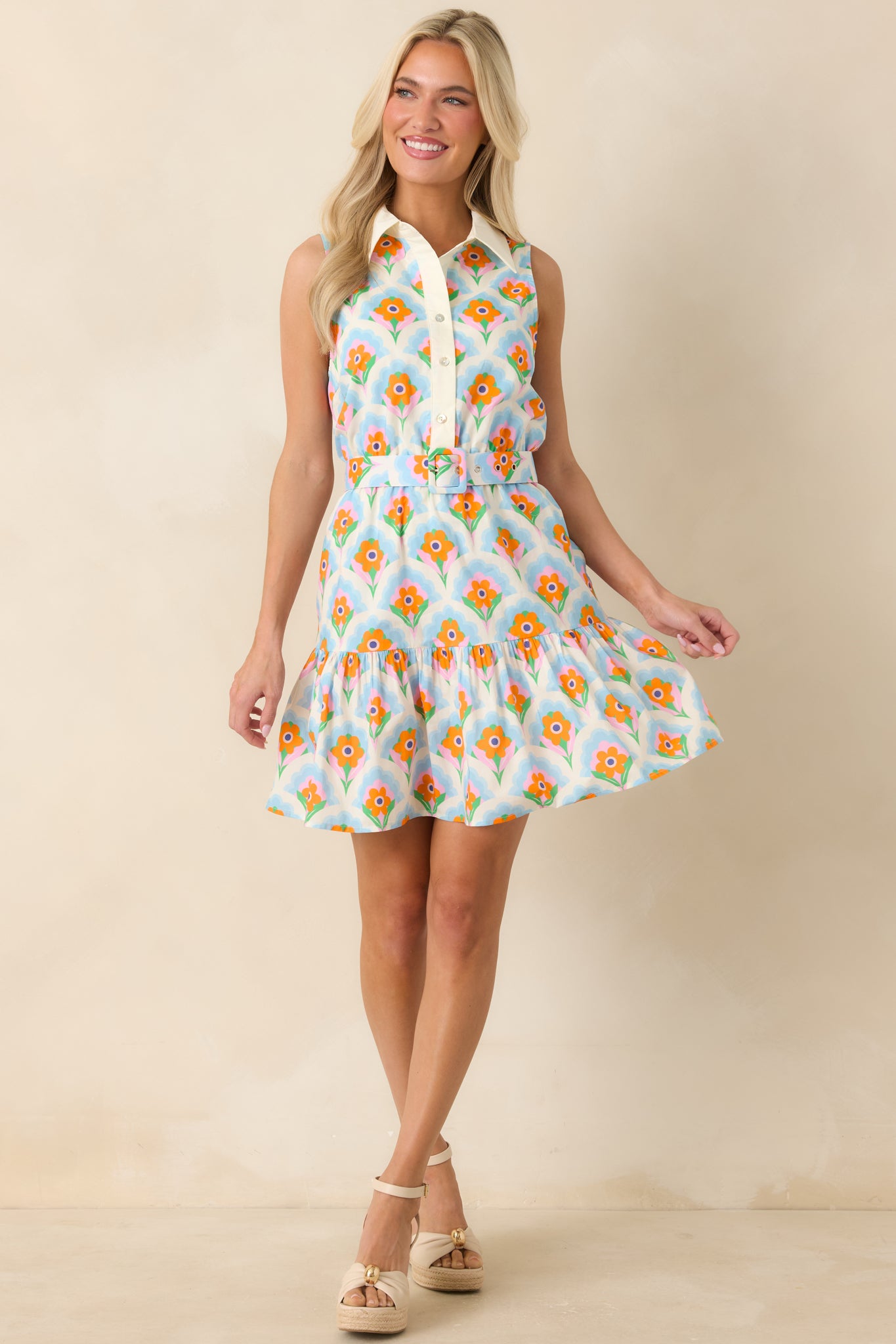 Weekend in Palm Springs Orange & Light Blue Floral Mini Dress - gazingly