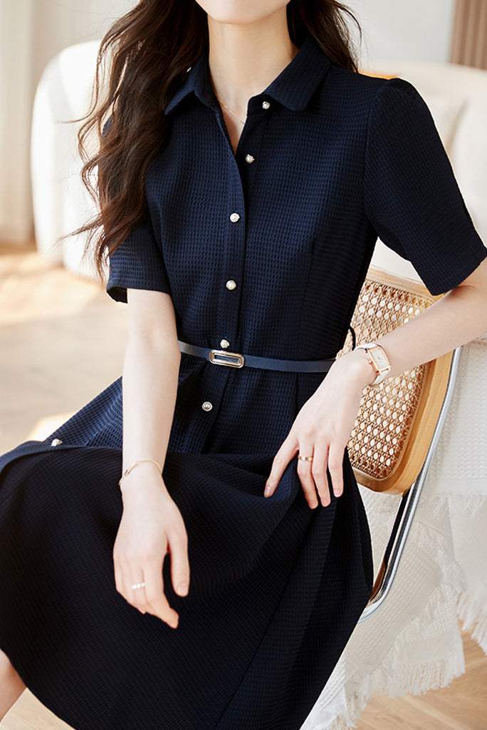 Shirt Collar Belted Waffle Dress - gazingly