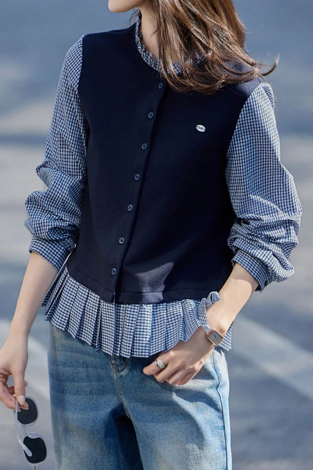 Elegant Commuter Fake Two‑Piece Crew Neck Plaid Long‑Sleeve Shirt - gazingly