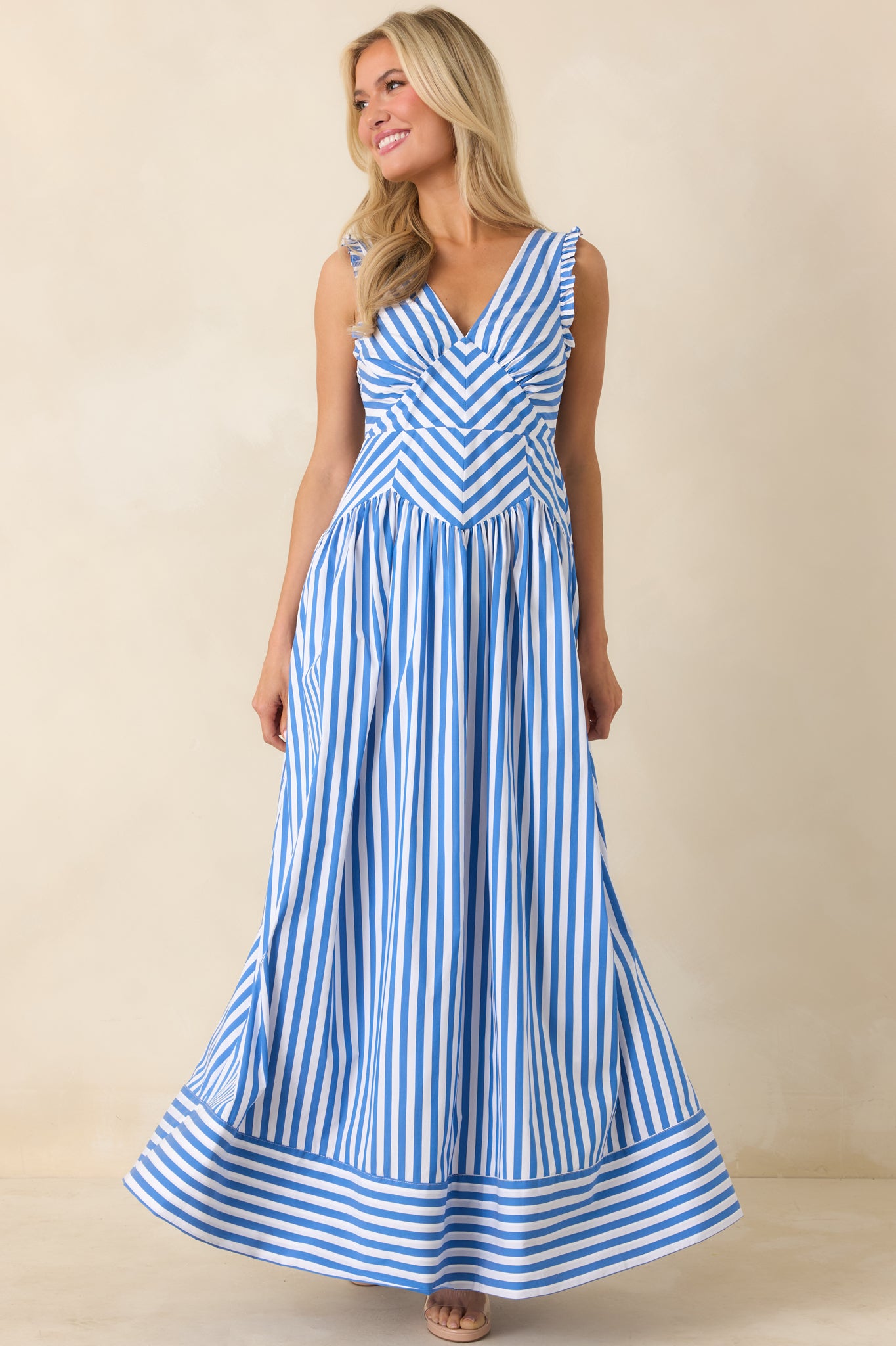 Blue Stripe Cotton Blend Sleeveless Maxi Dress - gazingly