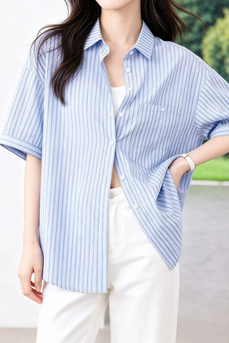 Casual Striped Patch Pocket Pure Cotton Shirt And Knit Shawl Two‑Piece Set - gazingly