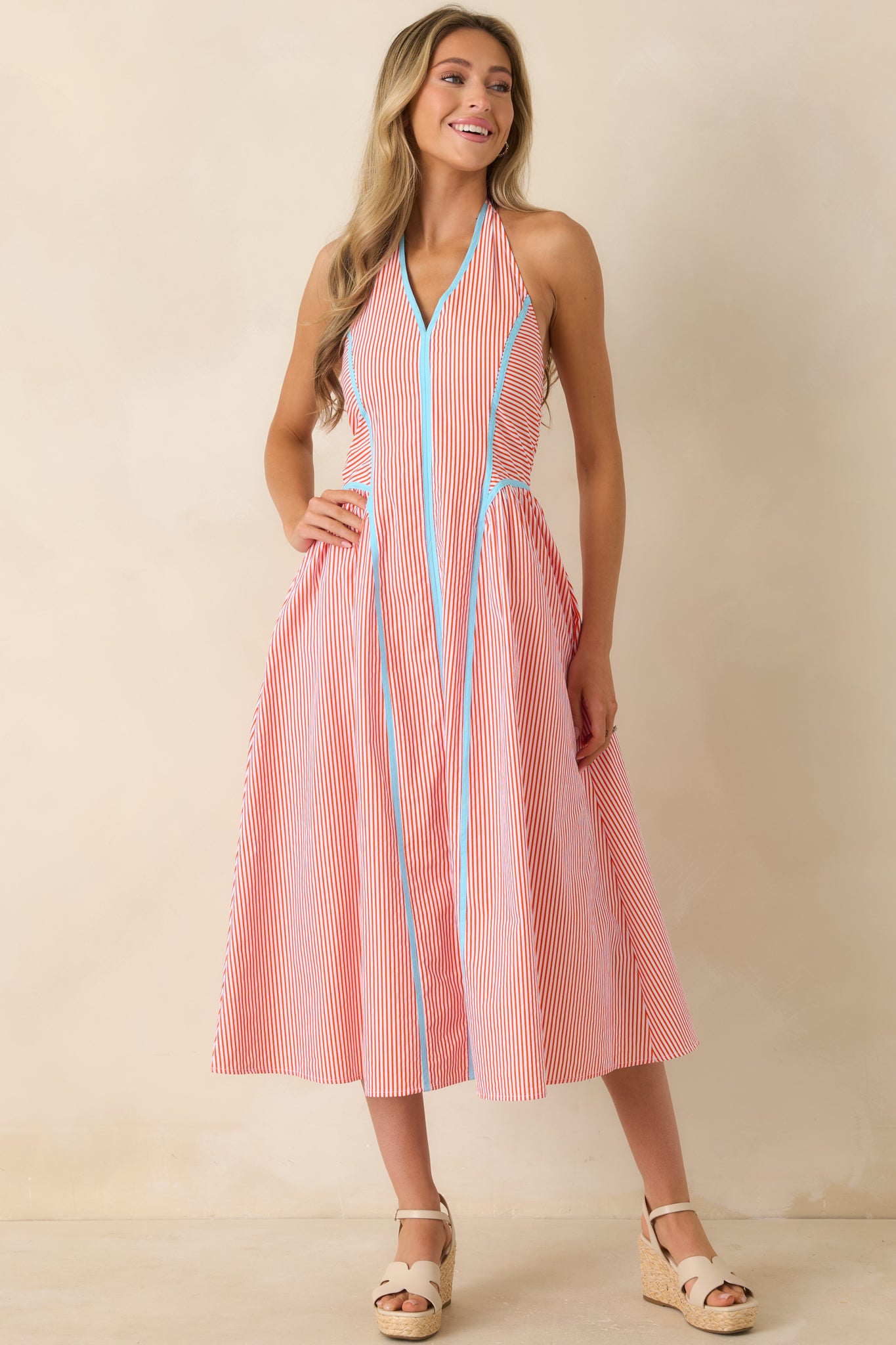 Poolside Poetry Poppy Red Stripe Contrast Halter Midi Dress - gazingly