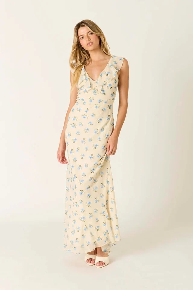 Ruffle Trim Floral Maxi Dress - guttulla