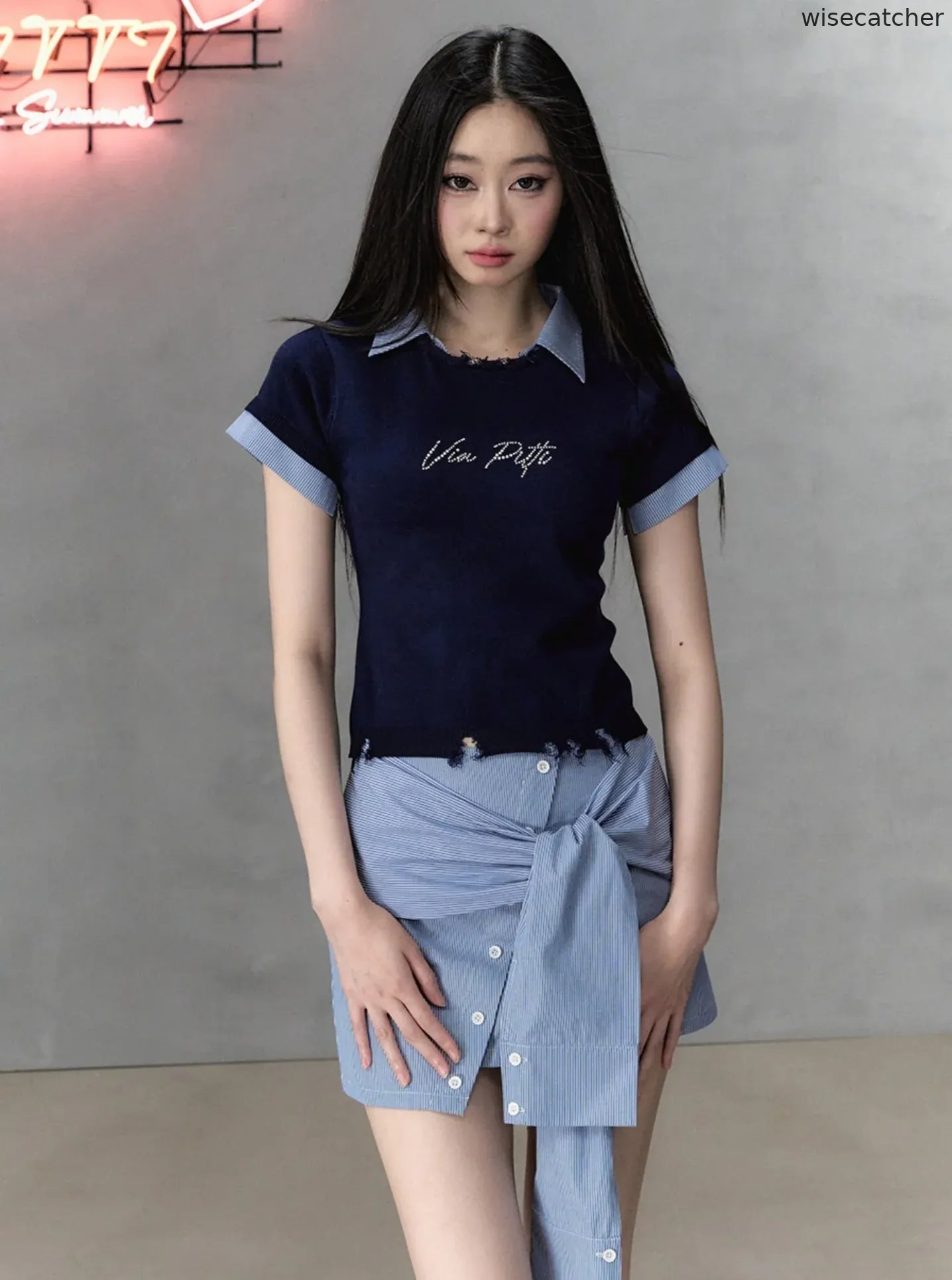 Pearl Letter Design Patchwork Knit Top - jugjet