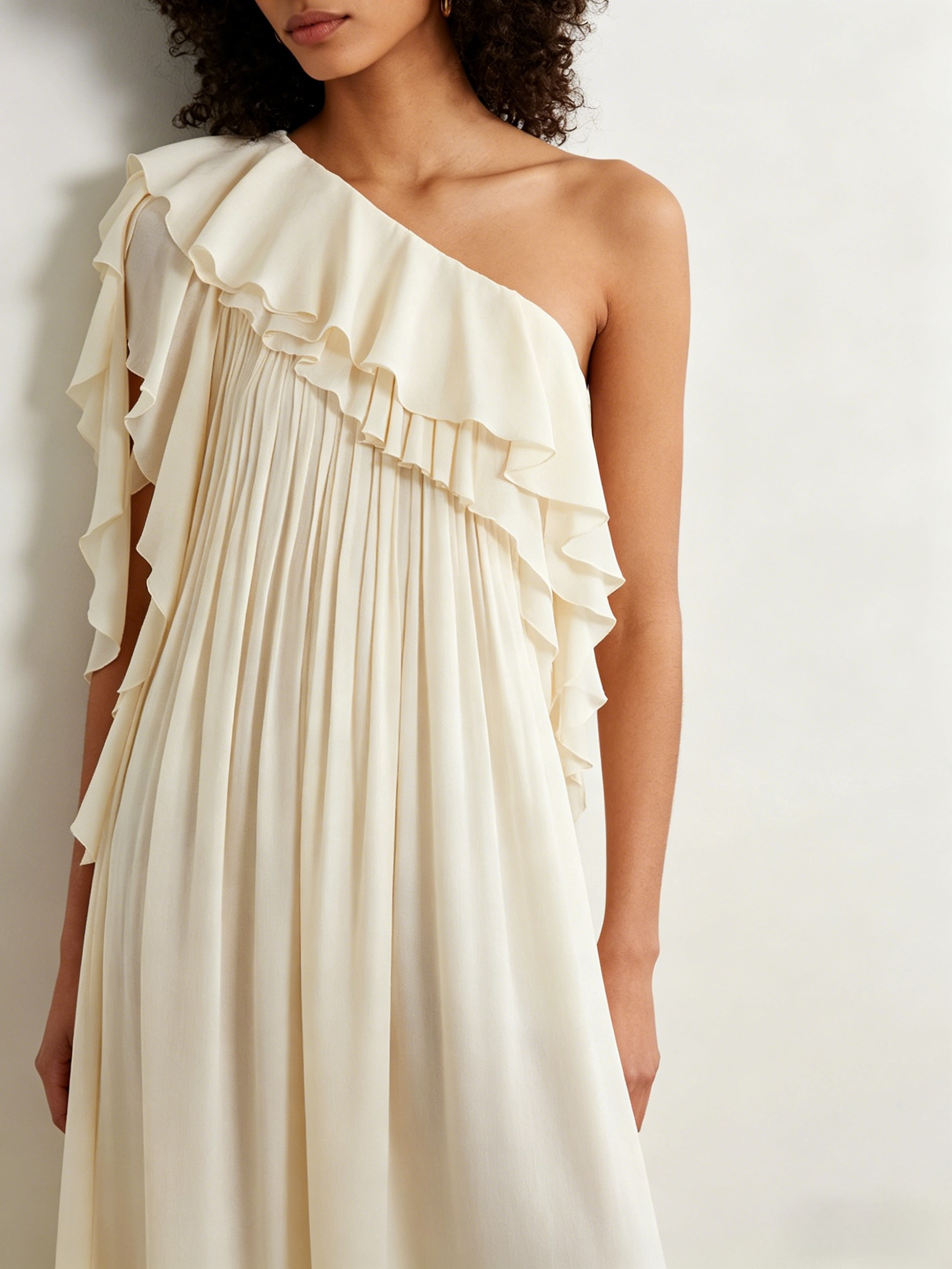 One Shoulder Pleated Ruffle Maxi Dress