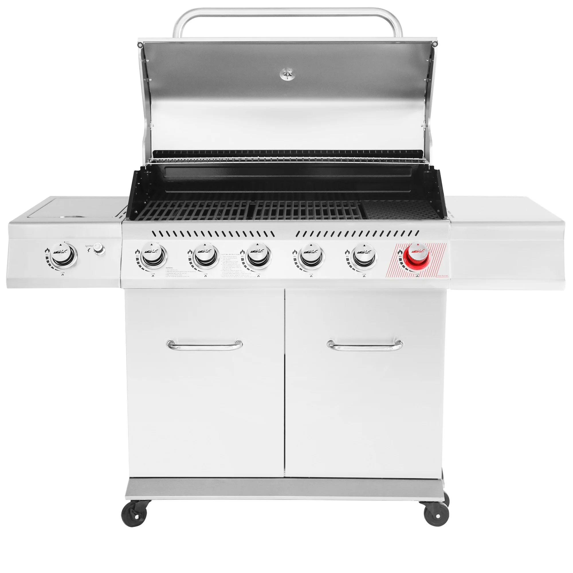 Gourmet GA6402S Stainless Steel Gas Grill, Premier 6-Burner BBQ Grill with Sear Burner and Side Burner, 74,000 BTU, Cabinet Style, Outdoor Party Grill, Silver