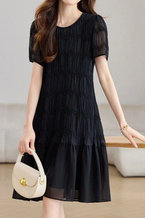 Elegant Textured Short Sleeve High Waist Dress - gazingly