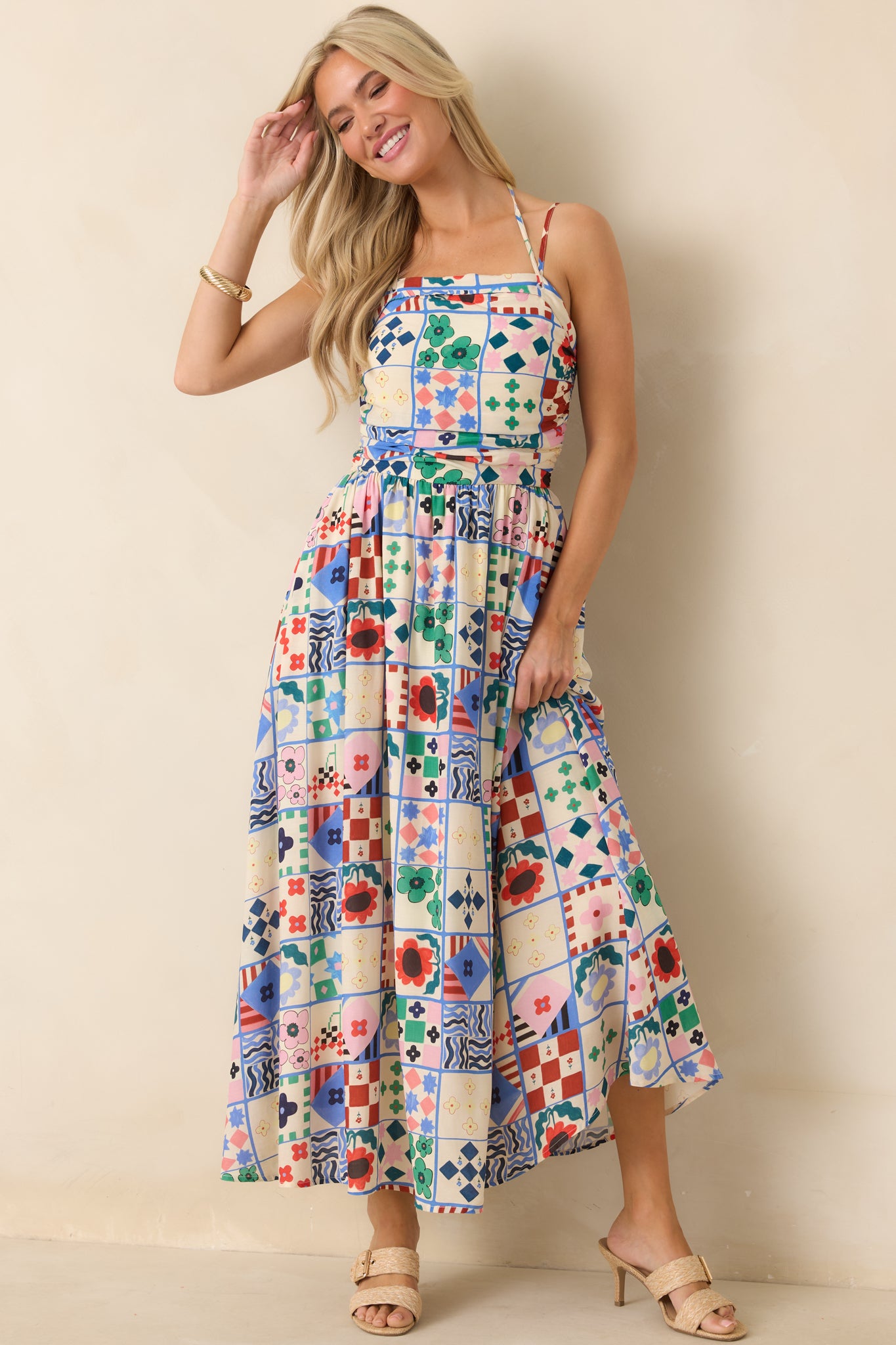 Multi Patchwork Print Sleeveless Maxi Dress - gazingly