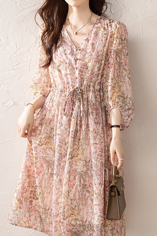 Elegant Floral Print Short-Sleeve (5/8 Length) Dress - gazingly