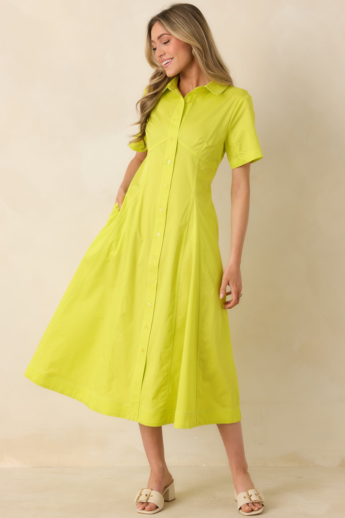 Make It Look Easy Chartreuse Short Sleeve Midi Shirt Dress - gazingly