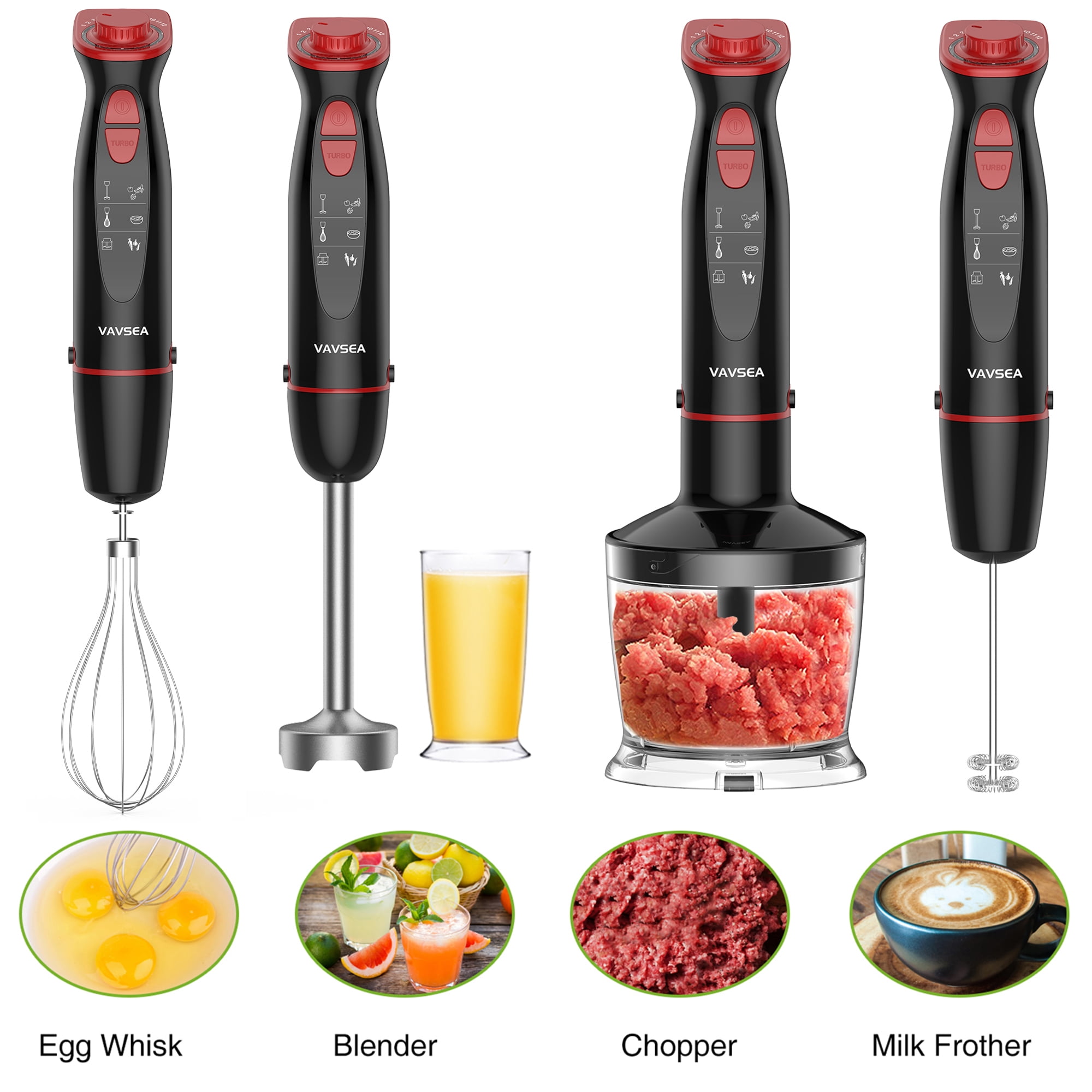 12-Speed Immersion Hand Blender with Chopper, Whisk, Beaker & Milk Frother, Stainless Steel Blades