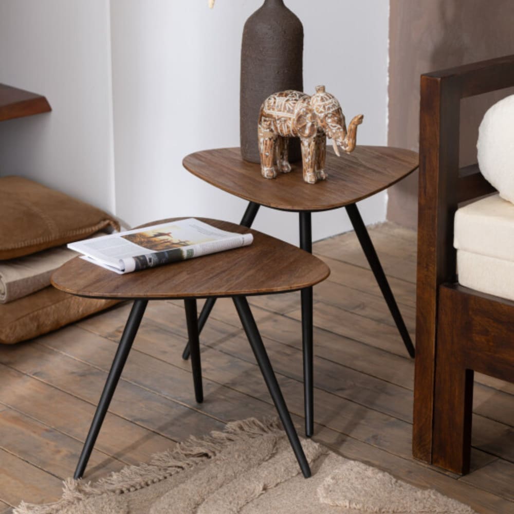 Dili - Set de  tables basses gigognes en teck recyclé brossé et métal marron