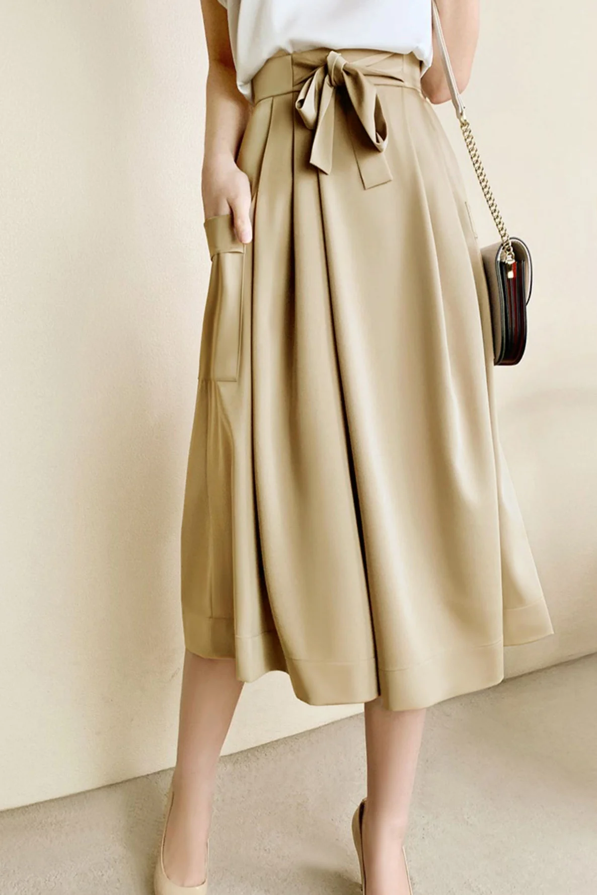 Solid color tie waist wide-leg skirt pants - gazingly