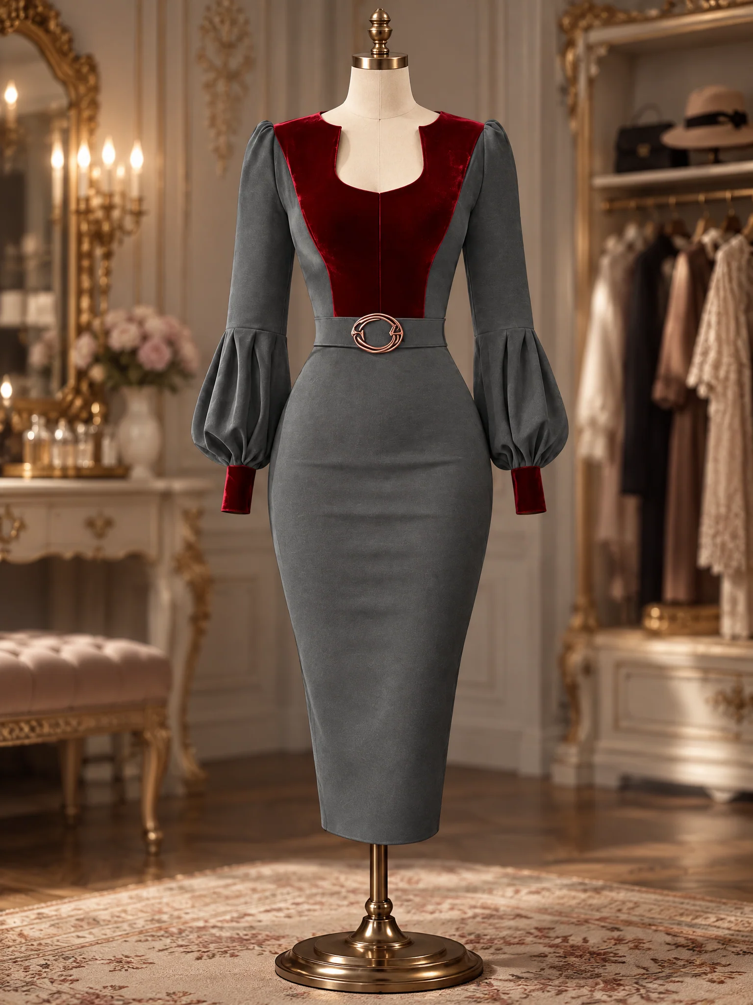 Grey & Burgundy Velvet Puff Sleeve Belted Midi Dress - jugjet