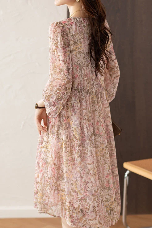 Elegant Floral Print Short-Sleeve (5/8 Length) Dress - gazingly