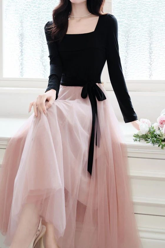 Elegant Temperament Color-Block Patchwork Long-Sleeve Mesh Dress - gazingly