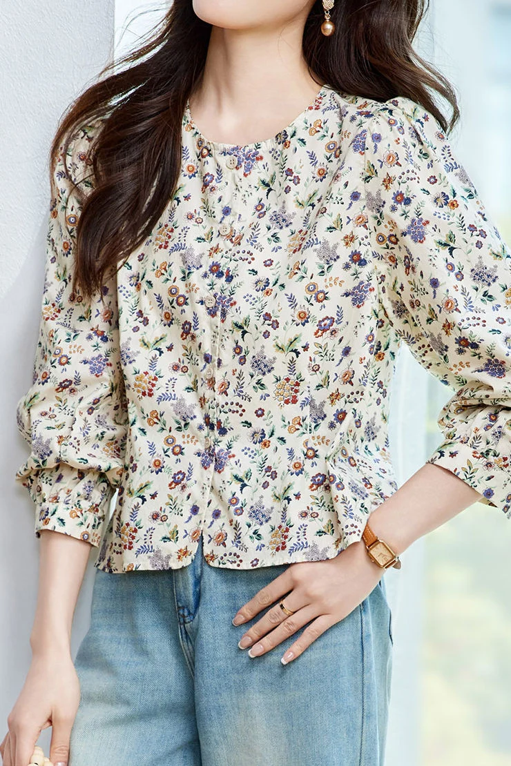 Fresh Pastoral Floral Lantern Sleeve Blouse - gazingly