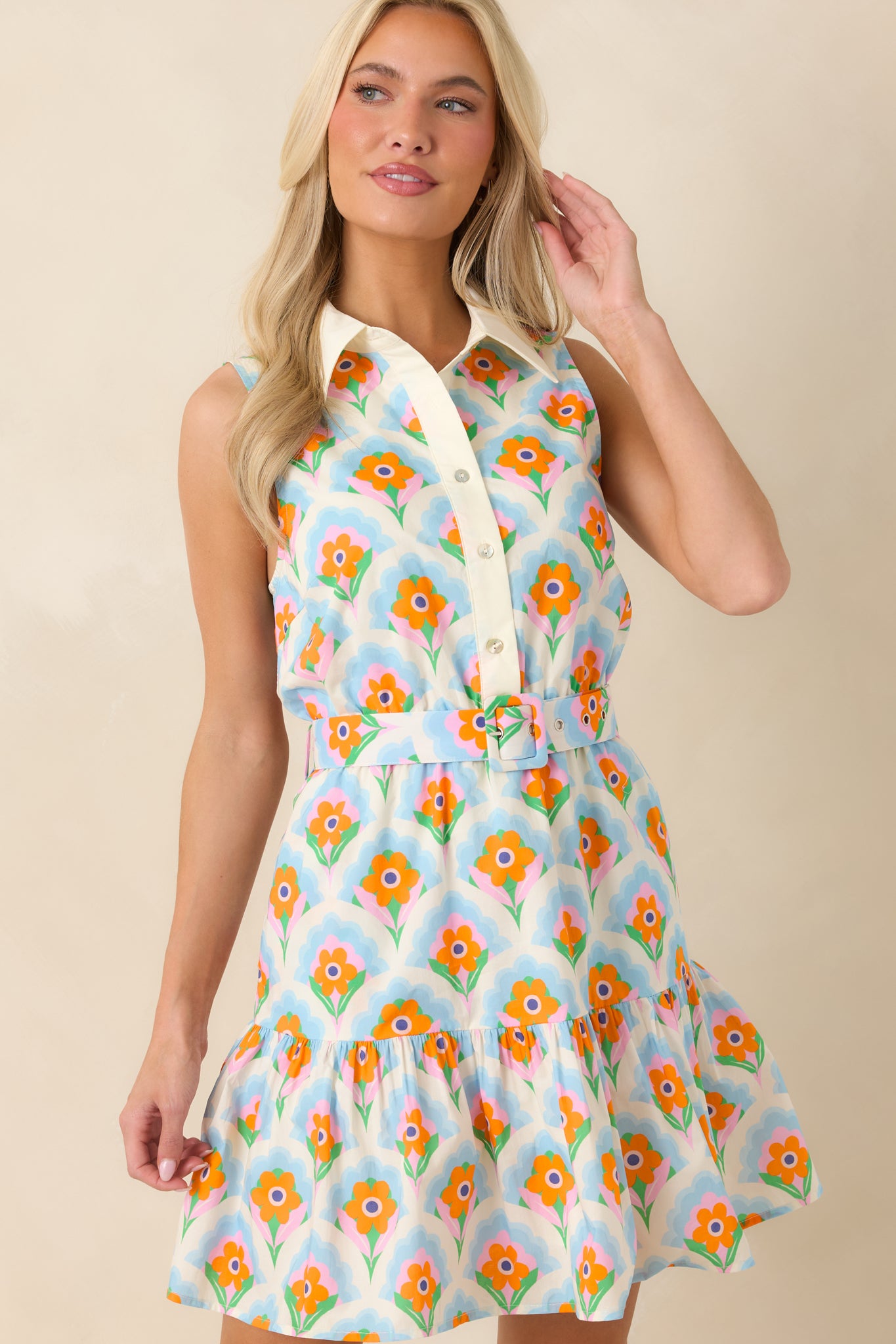 Weekend in Palm Springs Orange & Light Blue Floral Mini Dress - gazingly