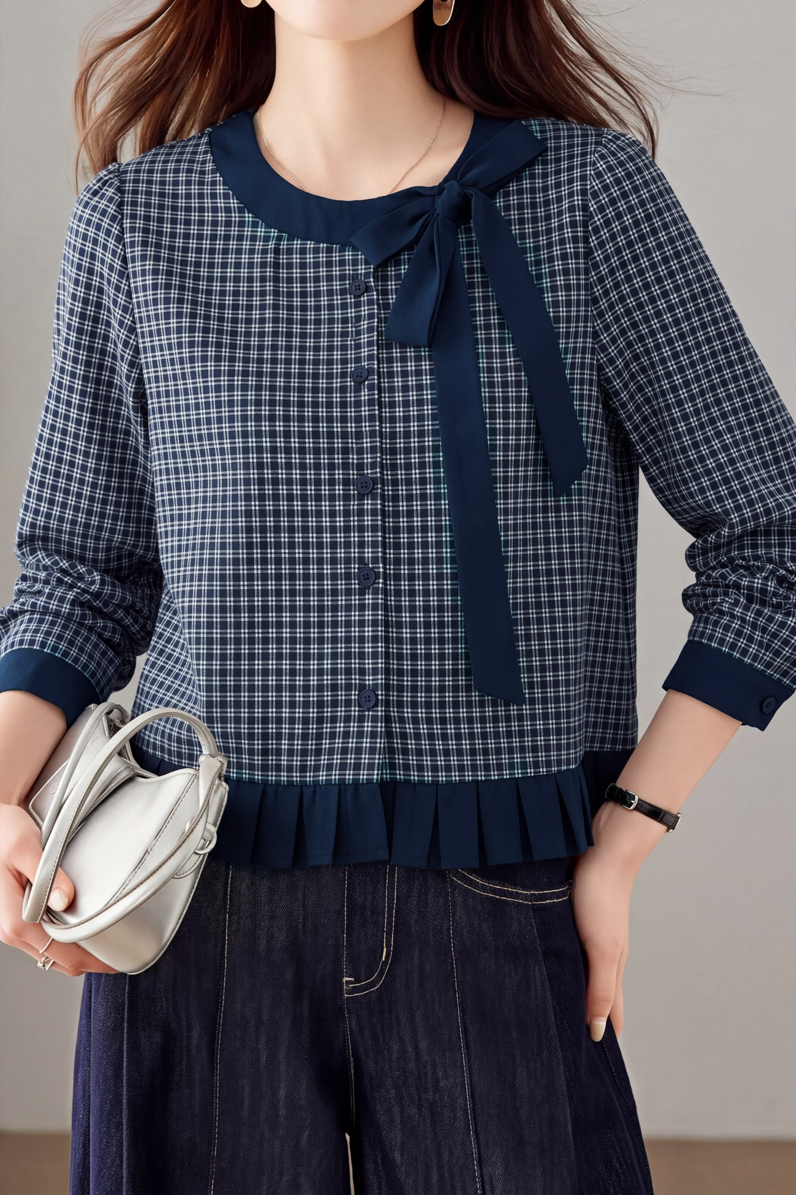 Vintage Plaid Spliced Tie Shirt - gazingly