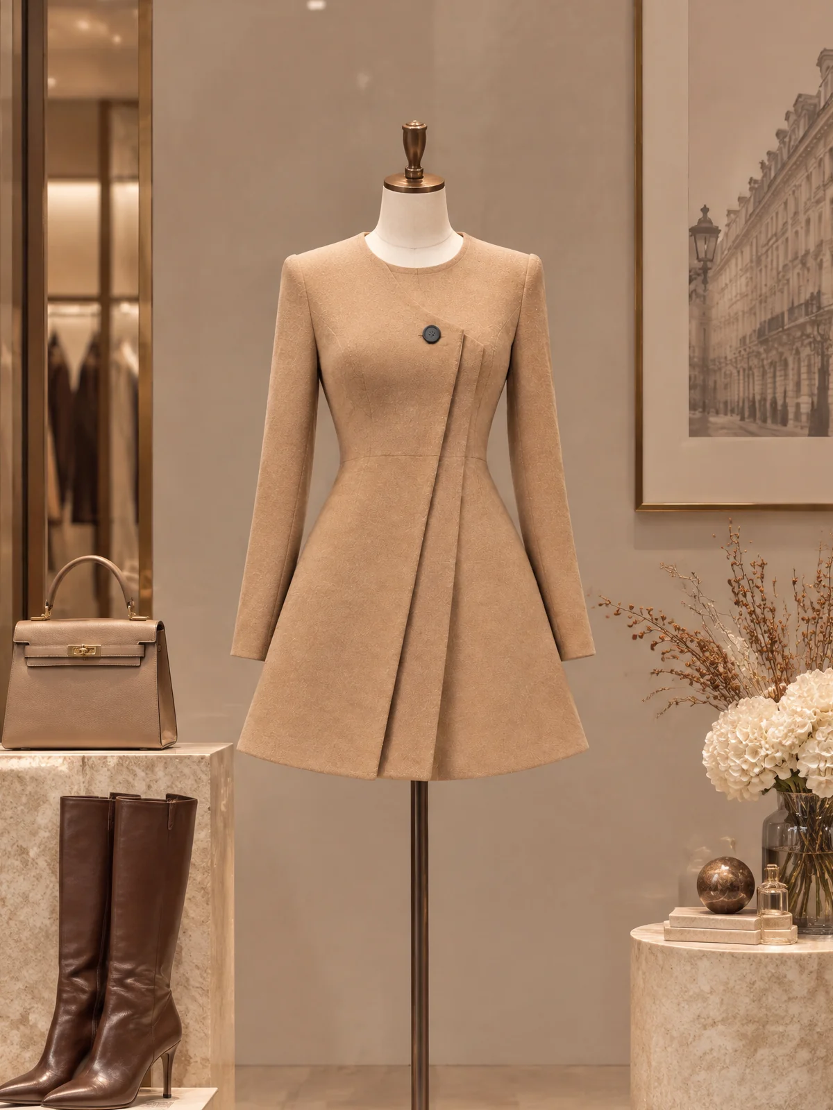 Camel Asymmetric Pleated Mini Dress - jugjet