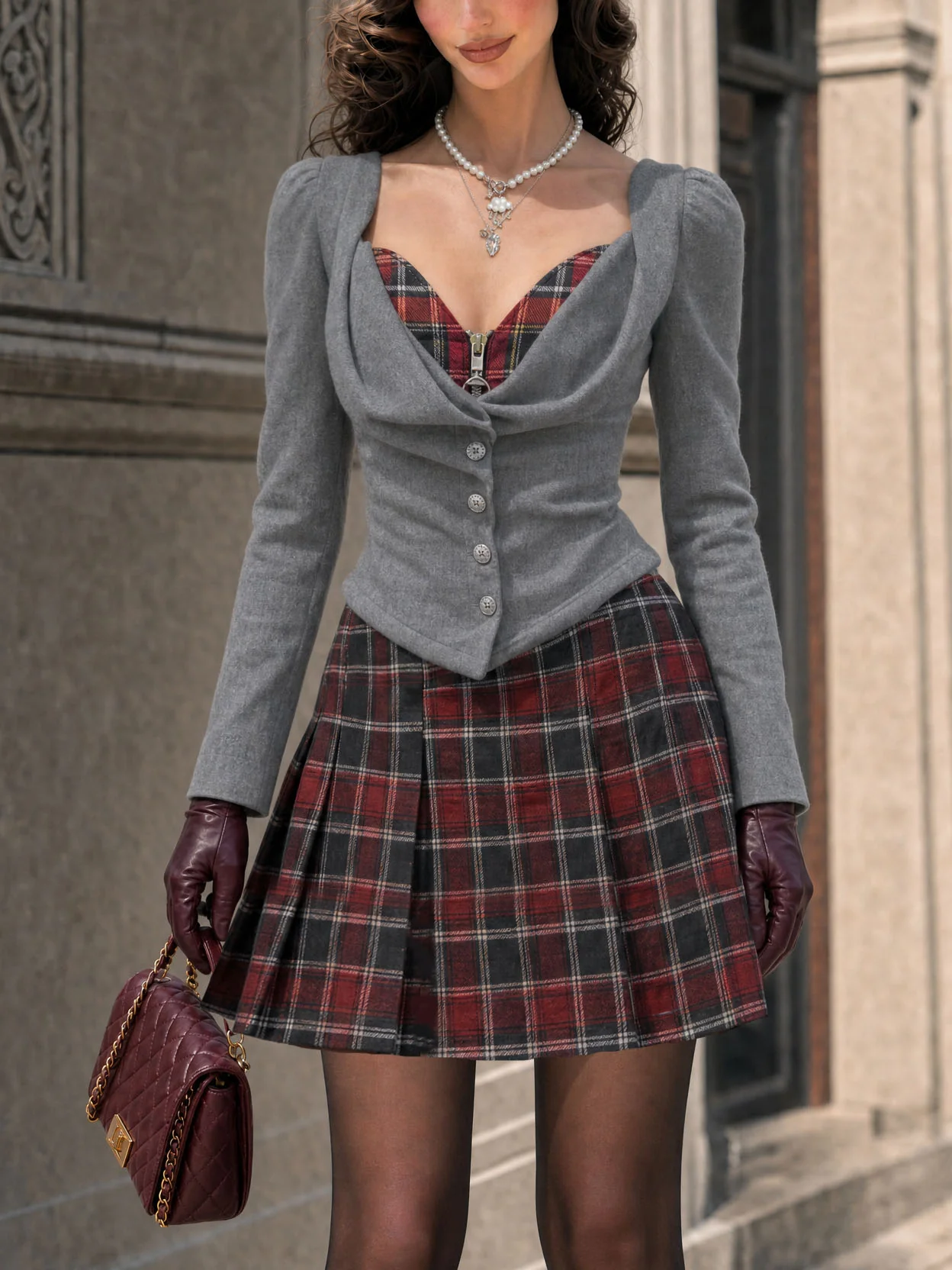 Plaid Spliced Faux Two-piece Mini Dress - jugjet