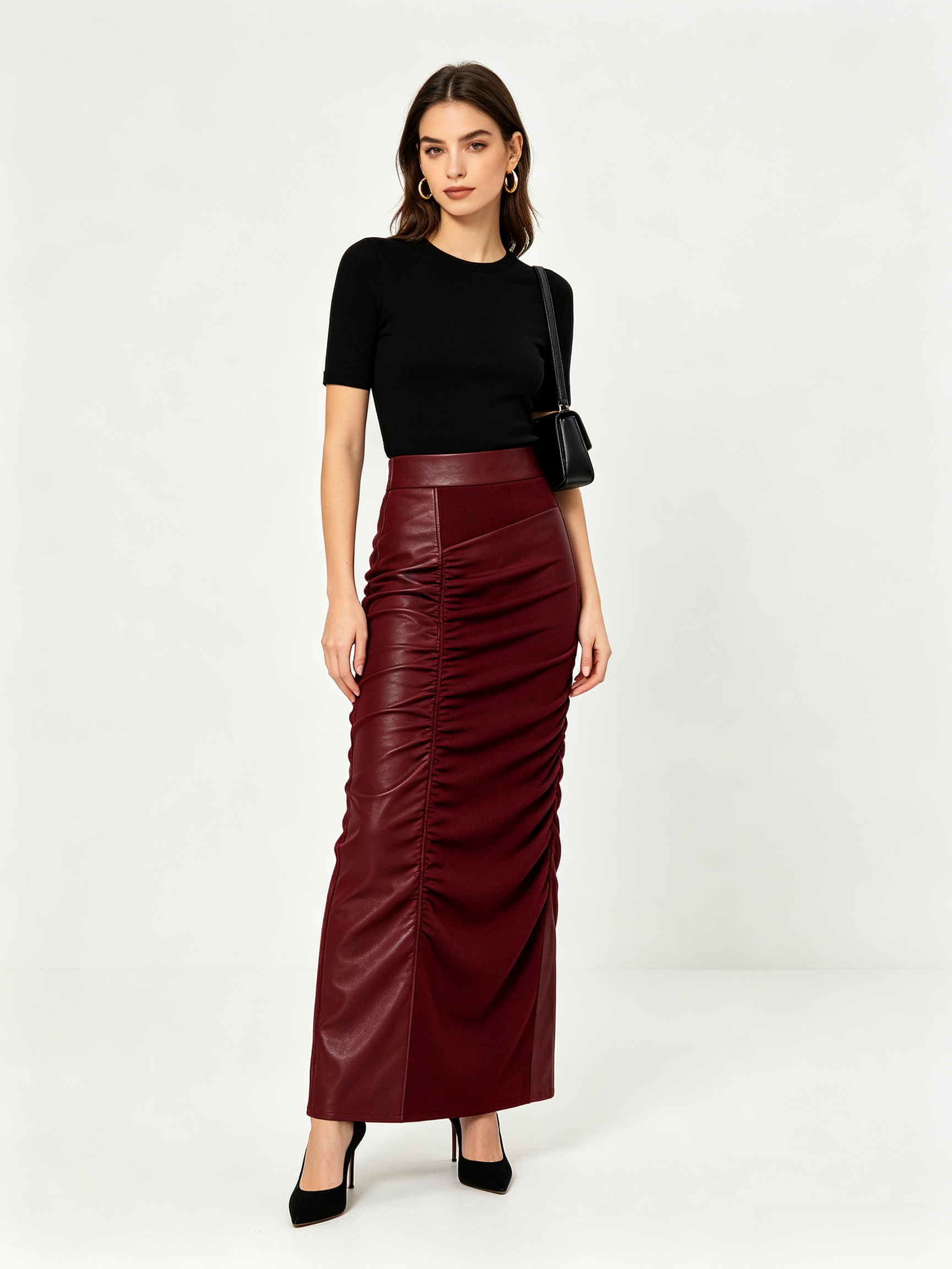 Faux Leather Panel Ruched Midi Skirt