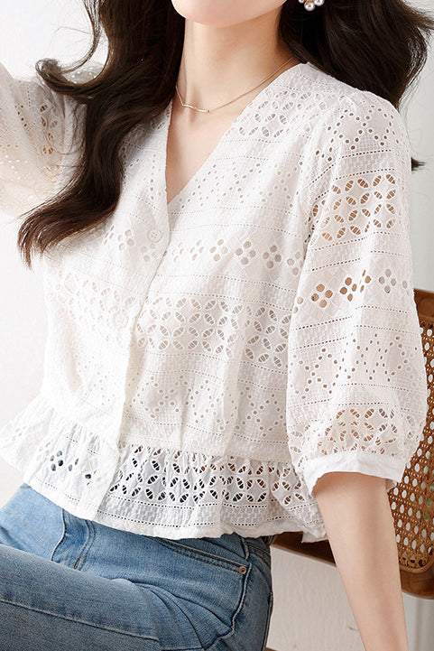 V-neck Cutwork Embroidered Blouse with Lining - gazingly